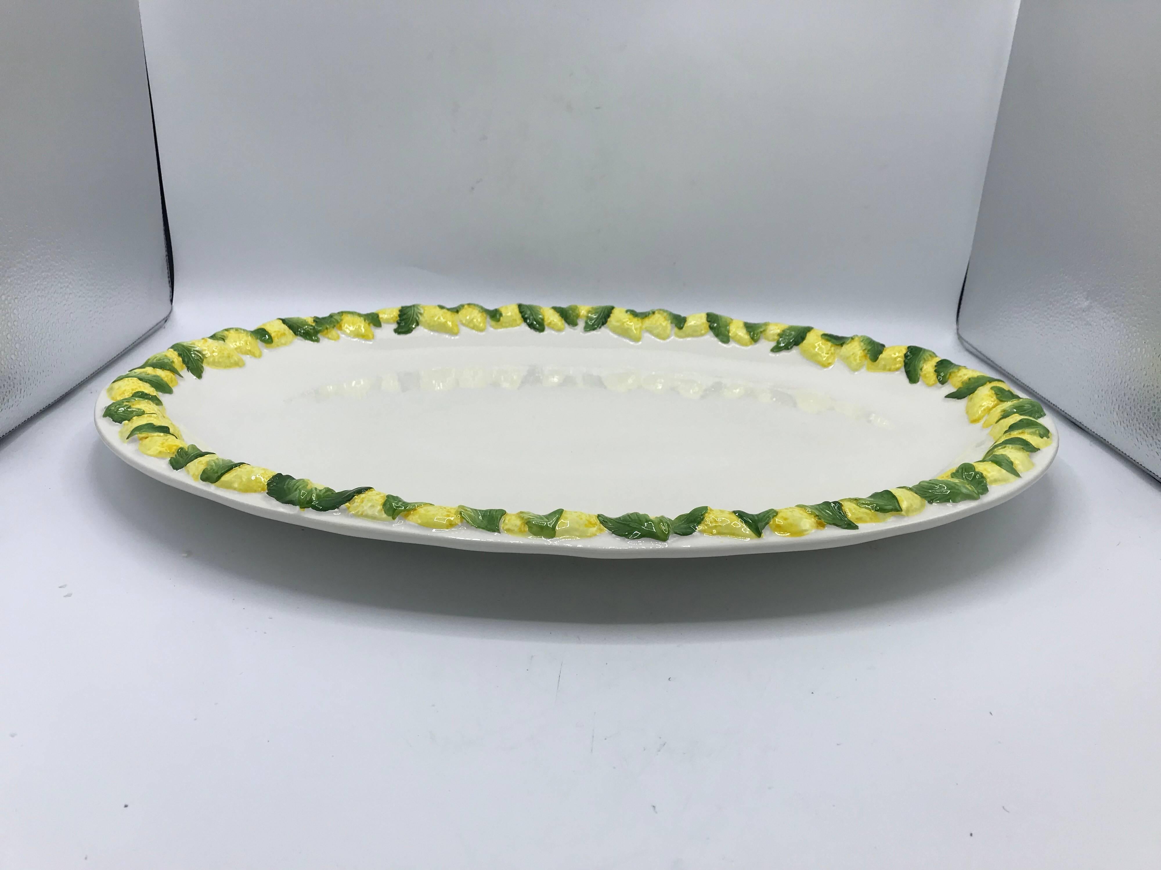 Modern 1960s Italian Ceramic Serving Tray with Sculptural Lemon Motif Border For Sale