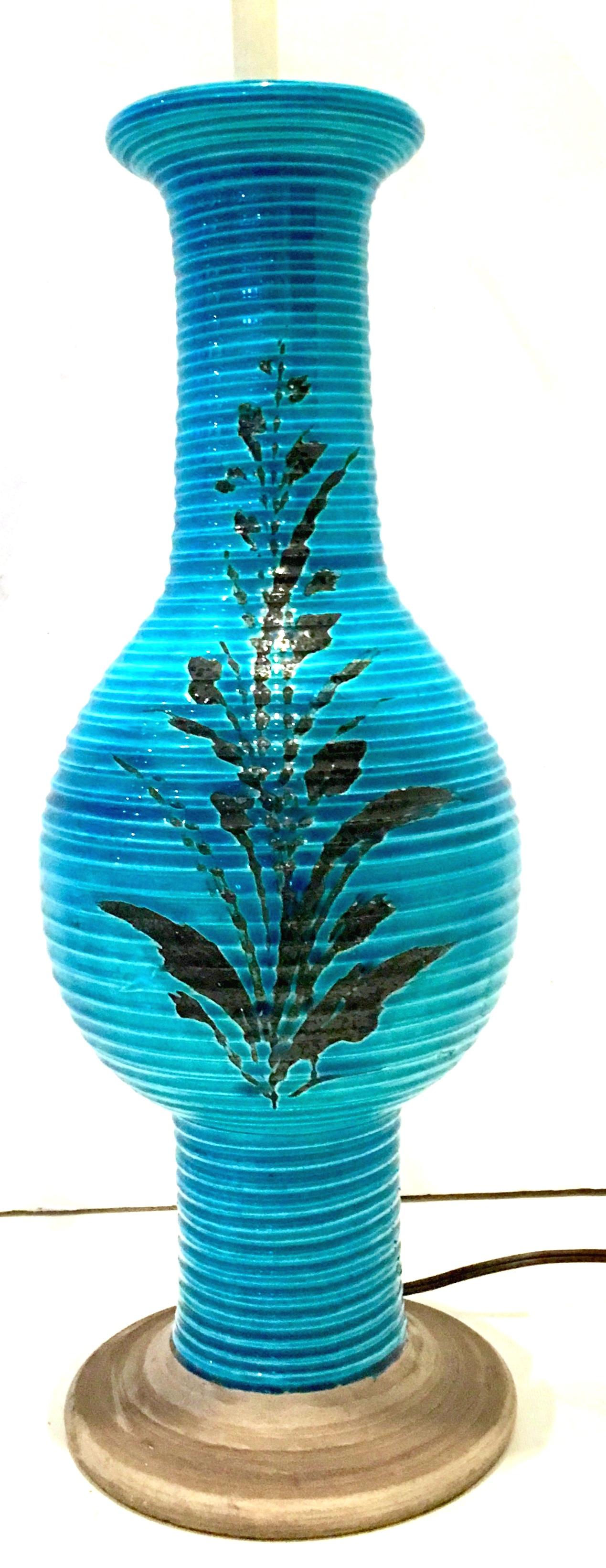 Hand-Painted 1960'S Italian Cerulean & Black Ceramic Glaze Pottery Lamp By, Bitossi For Sale