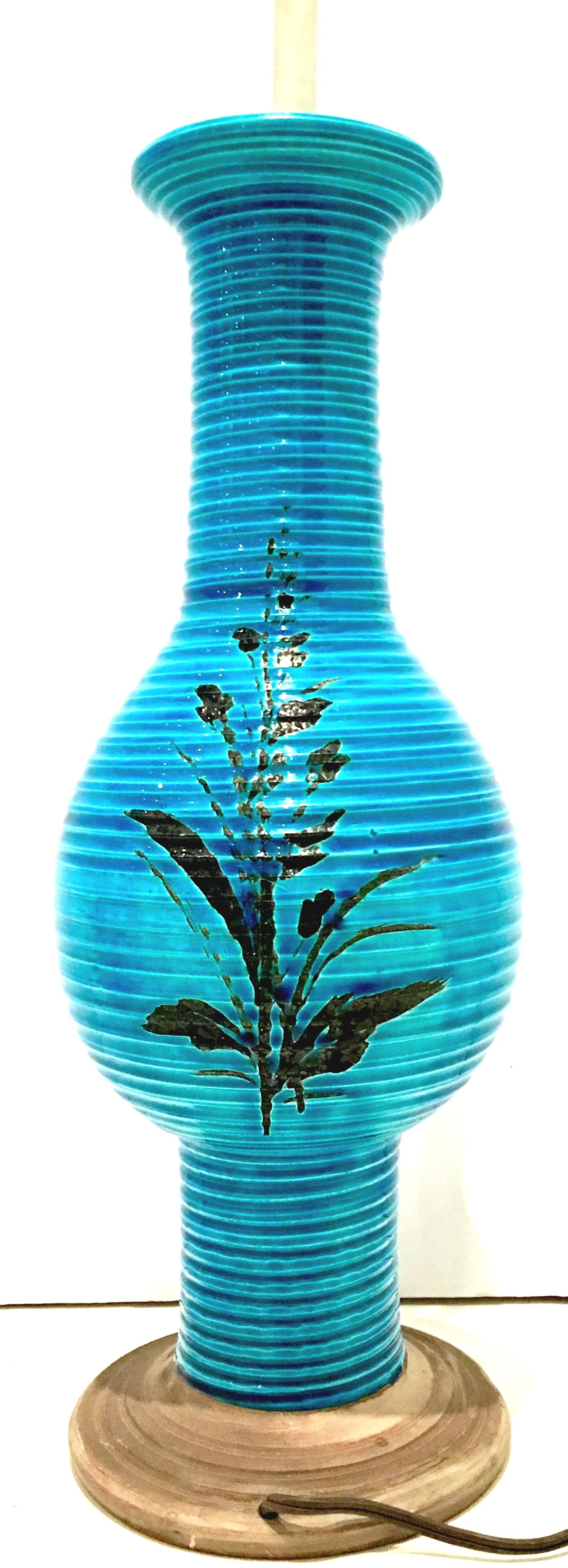 20th Century 1960'S Italian Cerulean & Black Ceramic Glaze Pottery Lamp By, Bitossi For Sale