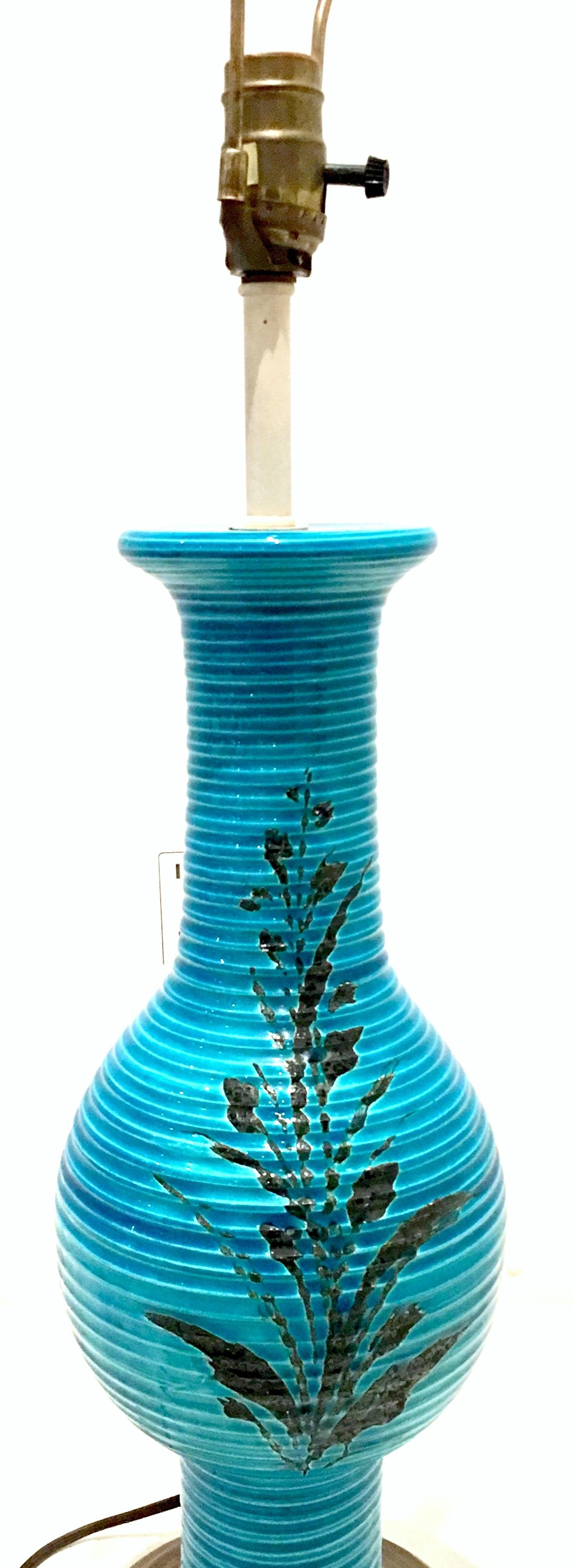 Brass 1960'S Italian Cerulean & Black Ceramic Glaze Pottery Lamp By, Bitossi For Sale