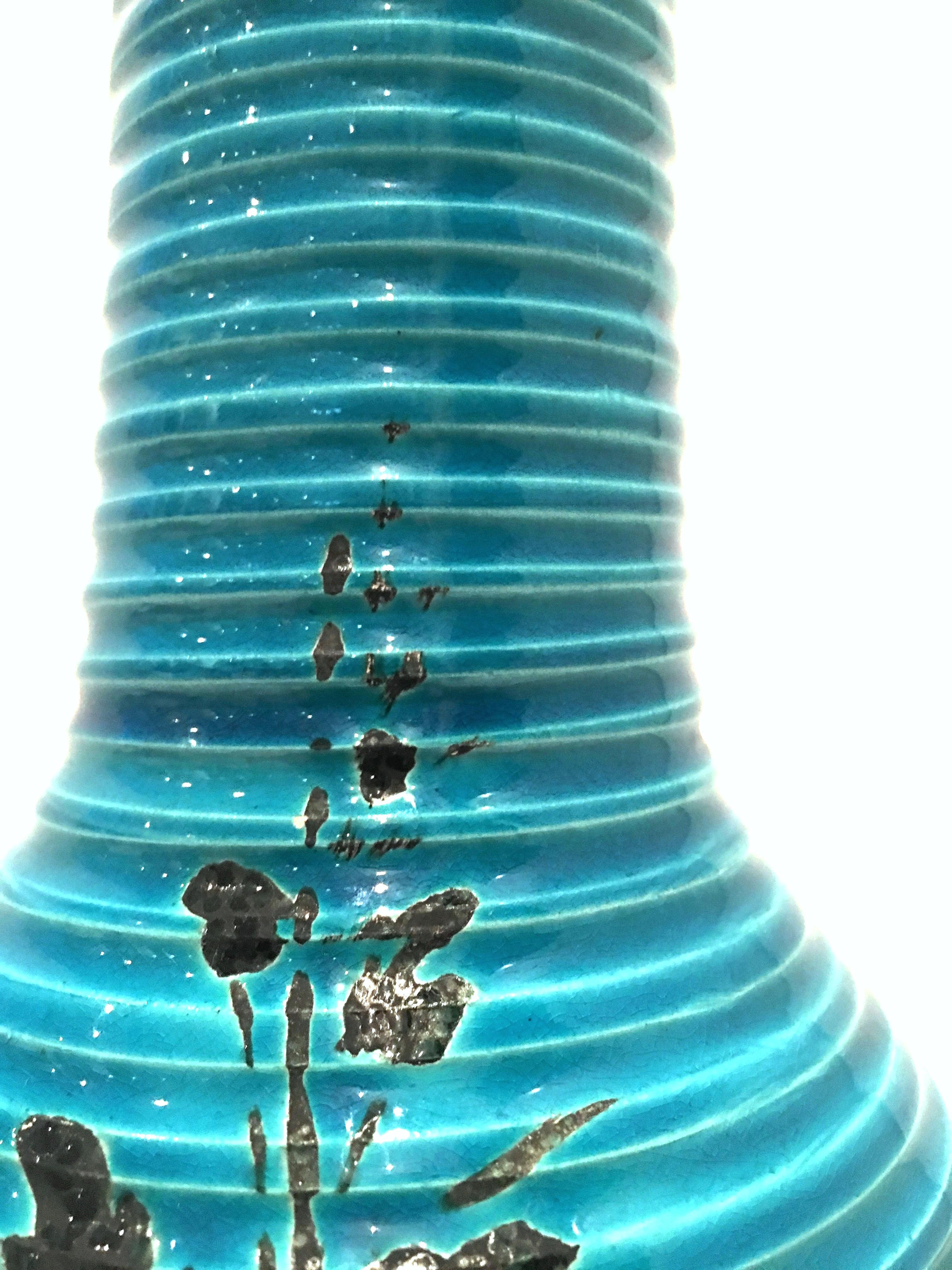 1960s Italian Cerulean Blue & Black Ceramic Glaze Pottery Lamp by, Bitossi For Sale 5