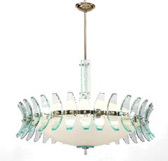 Italian Chandelier by Fontana Arte, Aqua Slag Glass, Chrome, 1960s