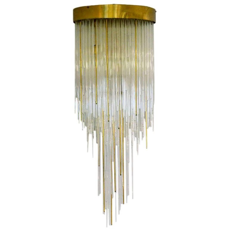 1960s Italian Chandelier Glass and Brass Flushmount Cascading Like a Waterfall