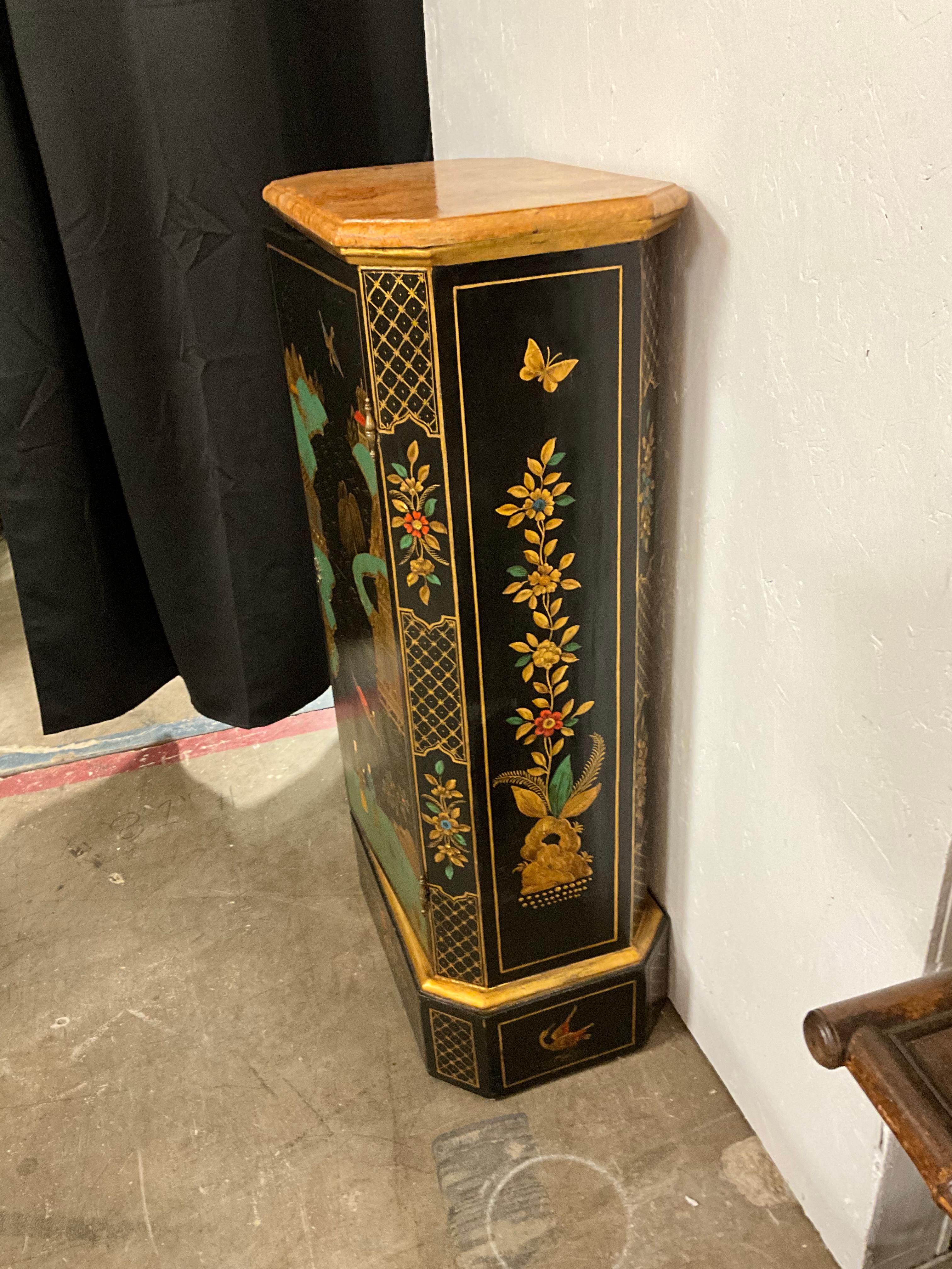 Wood 1960s Italian Chinoiserie Cabinets / Pedestals with Faux Marble Tops, Pair For Sale