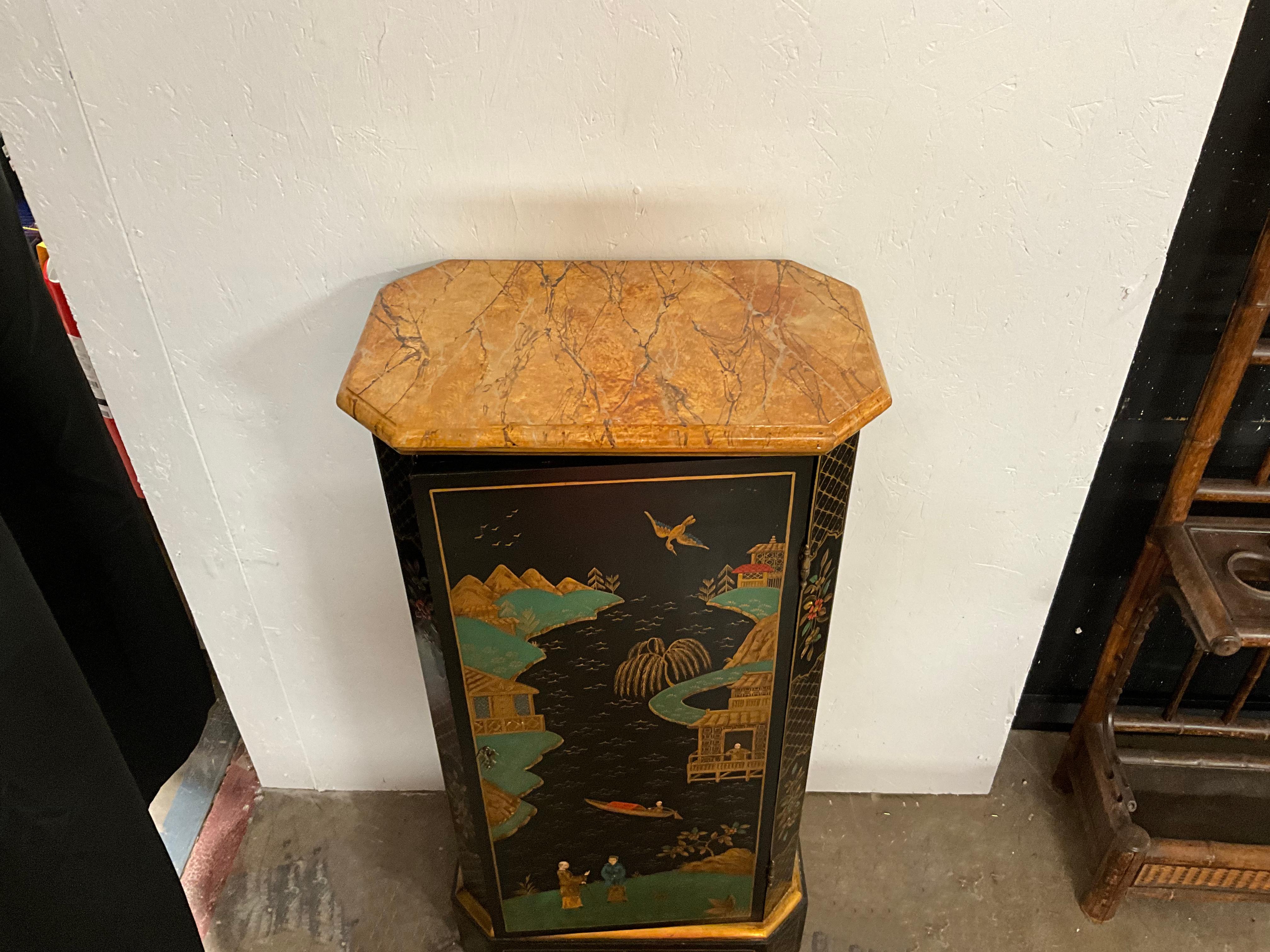 1960s Italian Chinoiserie Cabinets / Pedestals with Faux Marble Tops, Pair For Sale 1