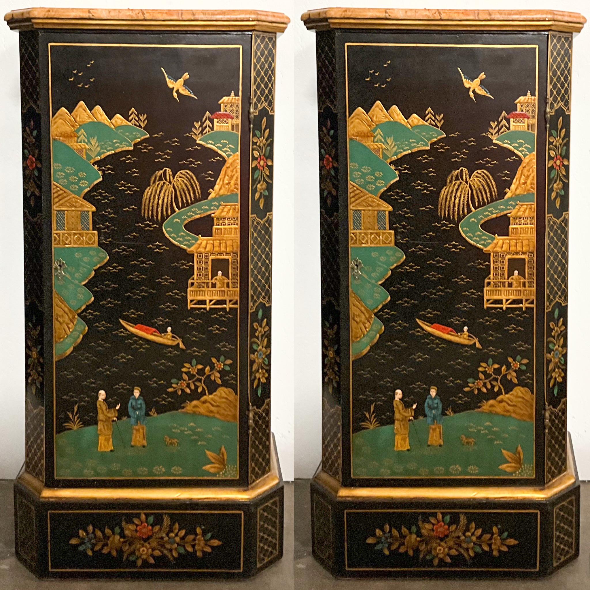 1960s Italian Chinoiserie Cabinets / Pedestals with Faux Marble Tops, Pair For Sale 2