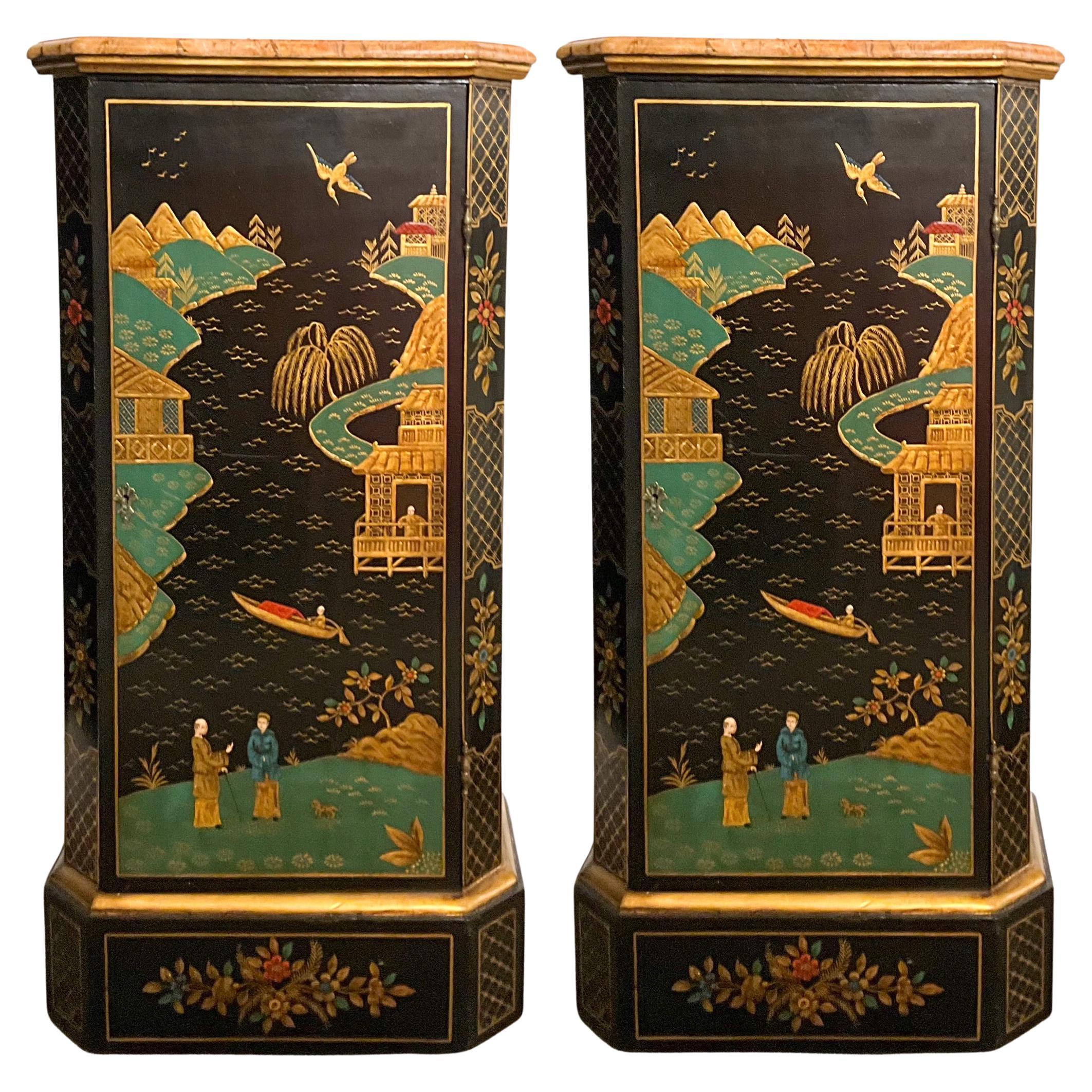 1960s Italian Chinoiserie Cabinets / Pedestals with Faux Marble Tops, Pair