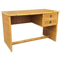 1960s Italian Dal Vera Bamboo Rattan Brass French Riviera Organic Writing Desk