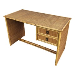1960s Italian Dal Vera Bamboo Rattan Brass French Riviera Organic Writing Desk