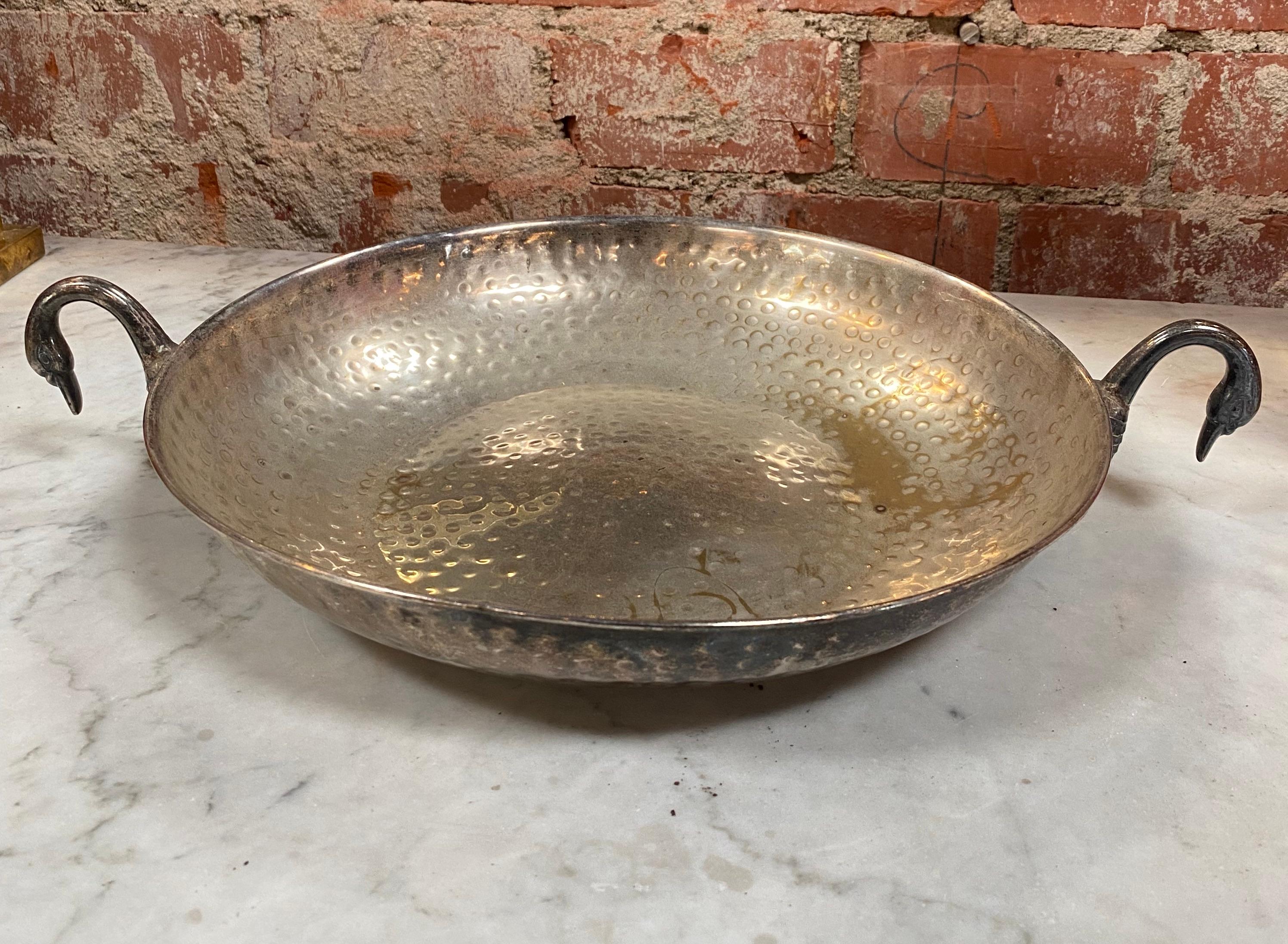 Beautiful Italian decorative oversize bowl, silver plated with goose-shaped handles.
 