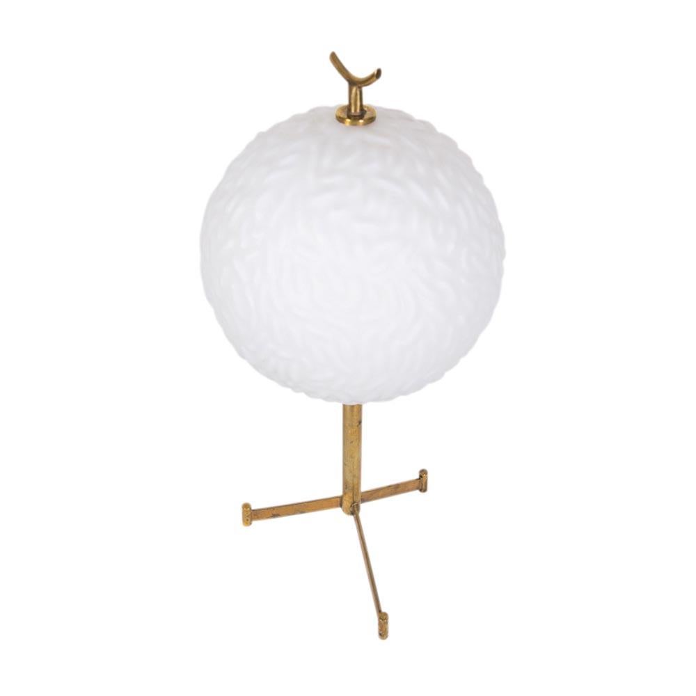 Mid-20th Century 60s Italian White glass globe Shade and Brass Table Lamp Attributed to Stilnovo For Sale