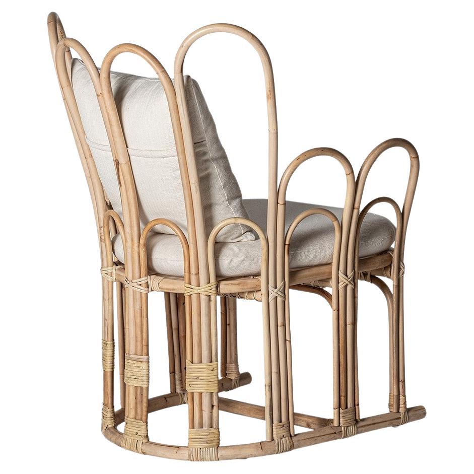 1960s Italian Design Style Rattan and Beige Fabric Armchair