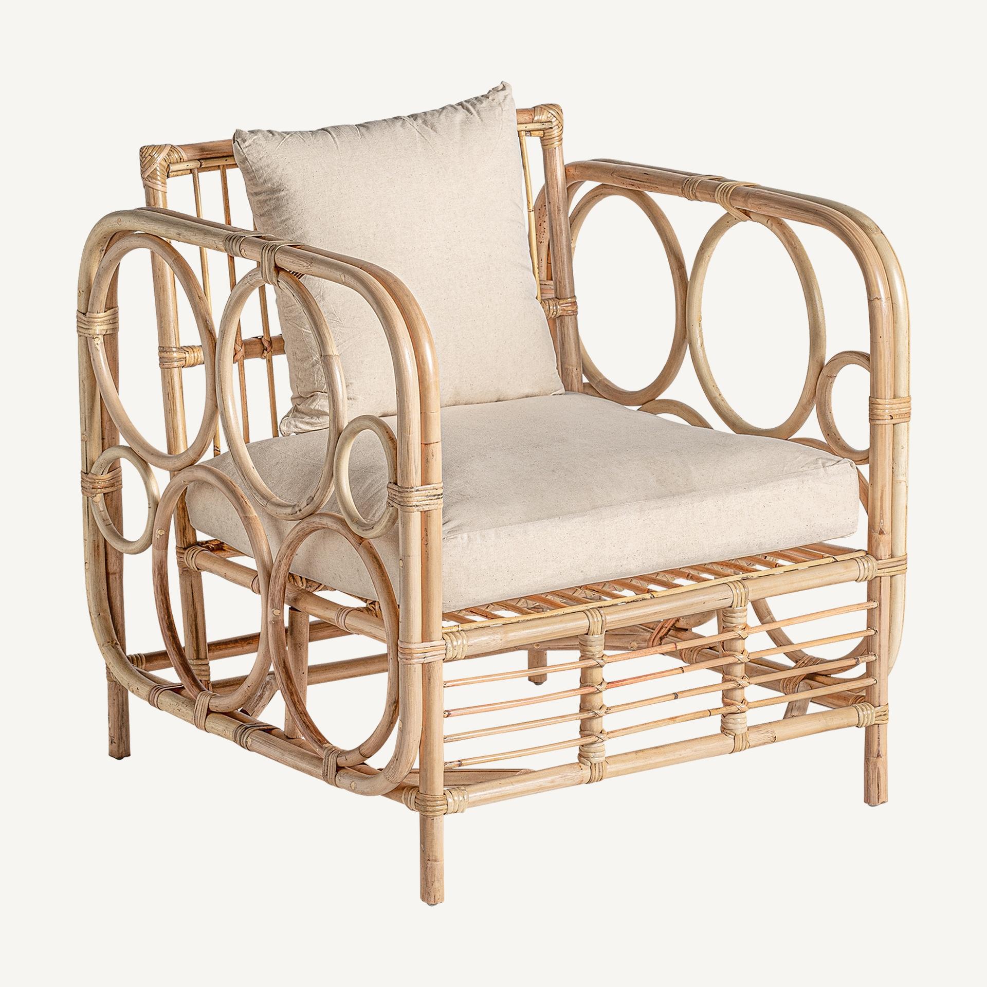 1960s Italian Design Style Rattan and Beige Linen Fabric Armchair For Sale 5