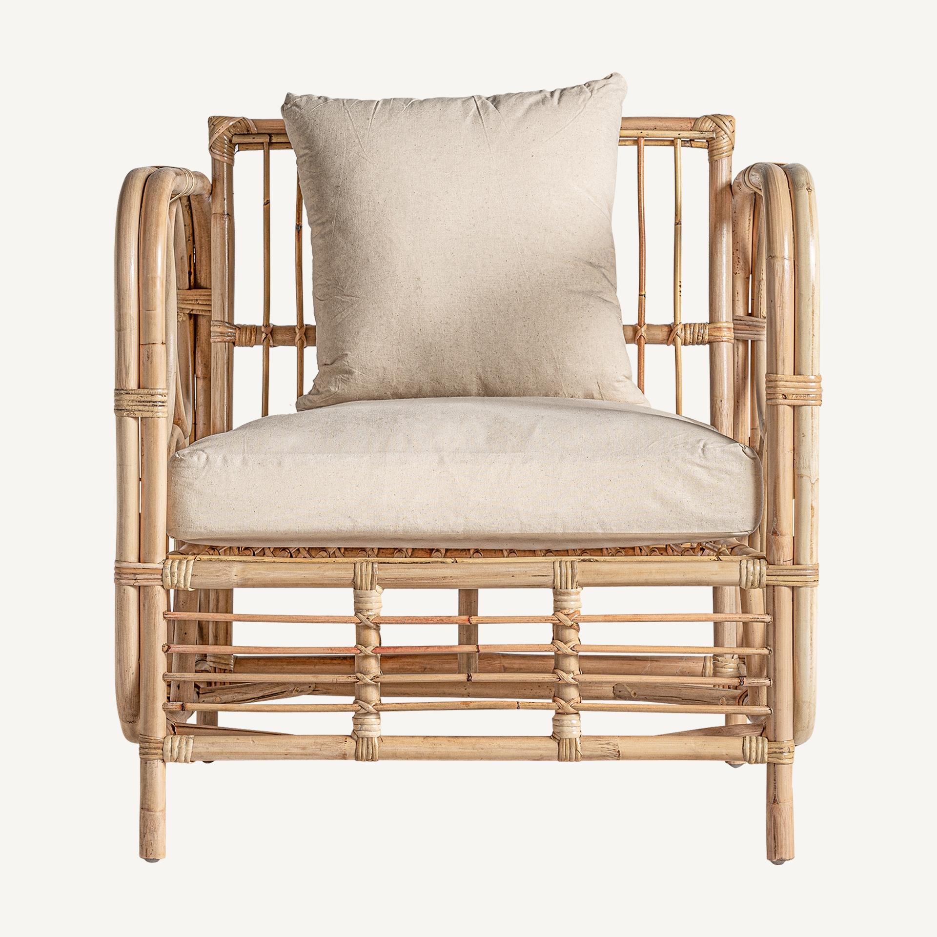 1960s Italian Design Style Rattan and Beige Linen Fabric Armchair For Sale 6