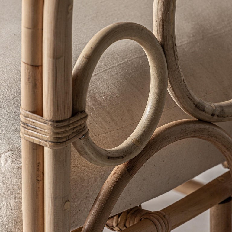 Beige Rattan Linen 1960s Italian Design Style Rattan and Beige Linen Fabric Armchair For ...