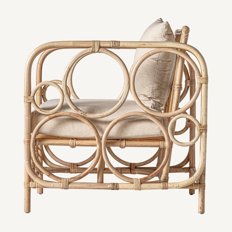 Beige Rattan Linen 1960s Italian Design Style Rattan and Beige Linen Fabric Armchair For ...