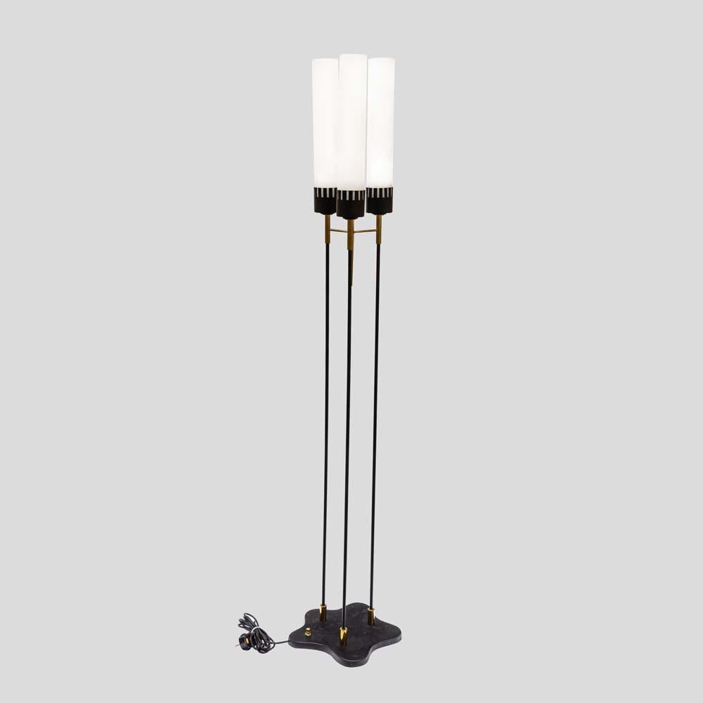 Mid-Century Modern 1960s Italian designed red white shade black enamelled floor lamp by Stilnovo For Sale