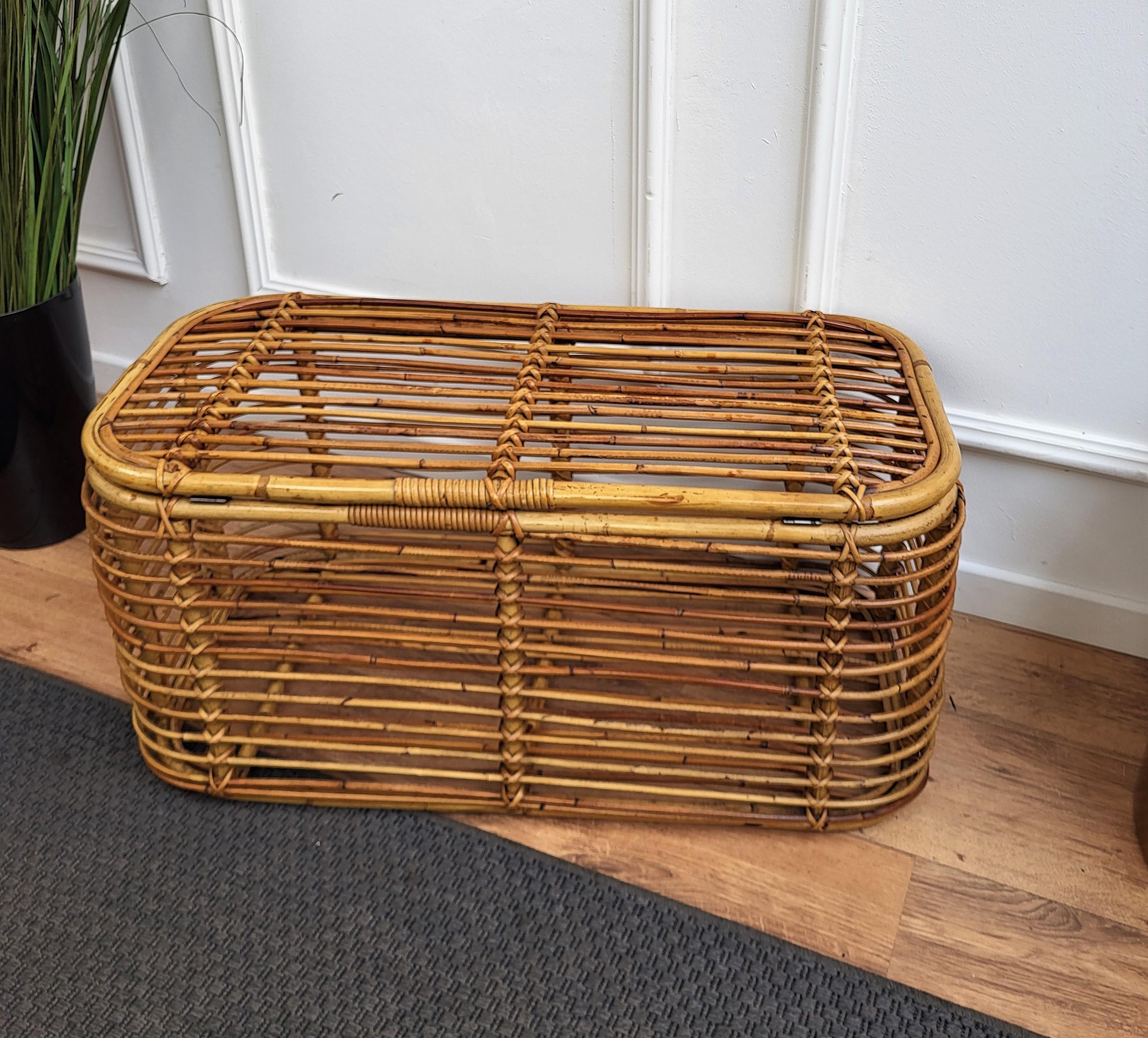 20th Century 1960s Italian Designer Bamboo Rattan Bohemian French Riviera Basket Container For Sale
