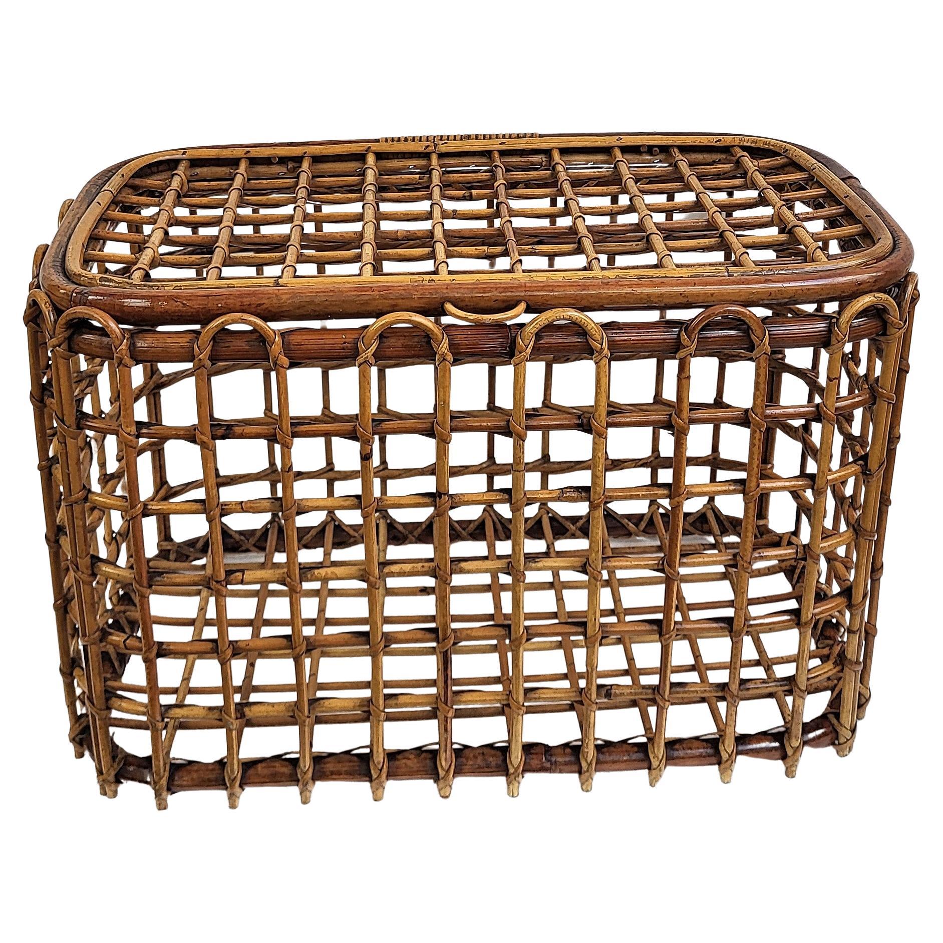 1960s Italian Designer Bamboo Rattan Bohemian French Riviera Basket Container For Sale