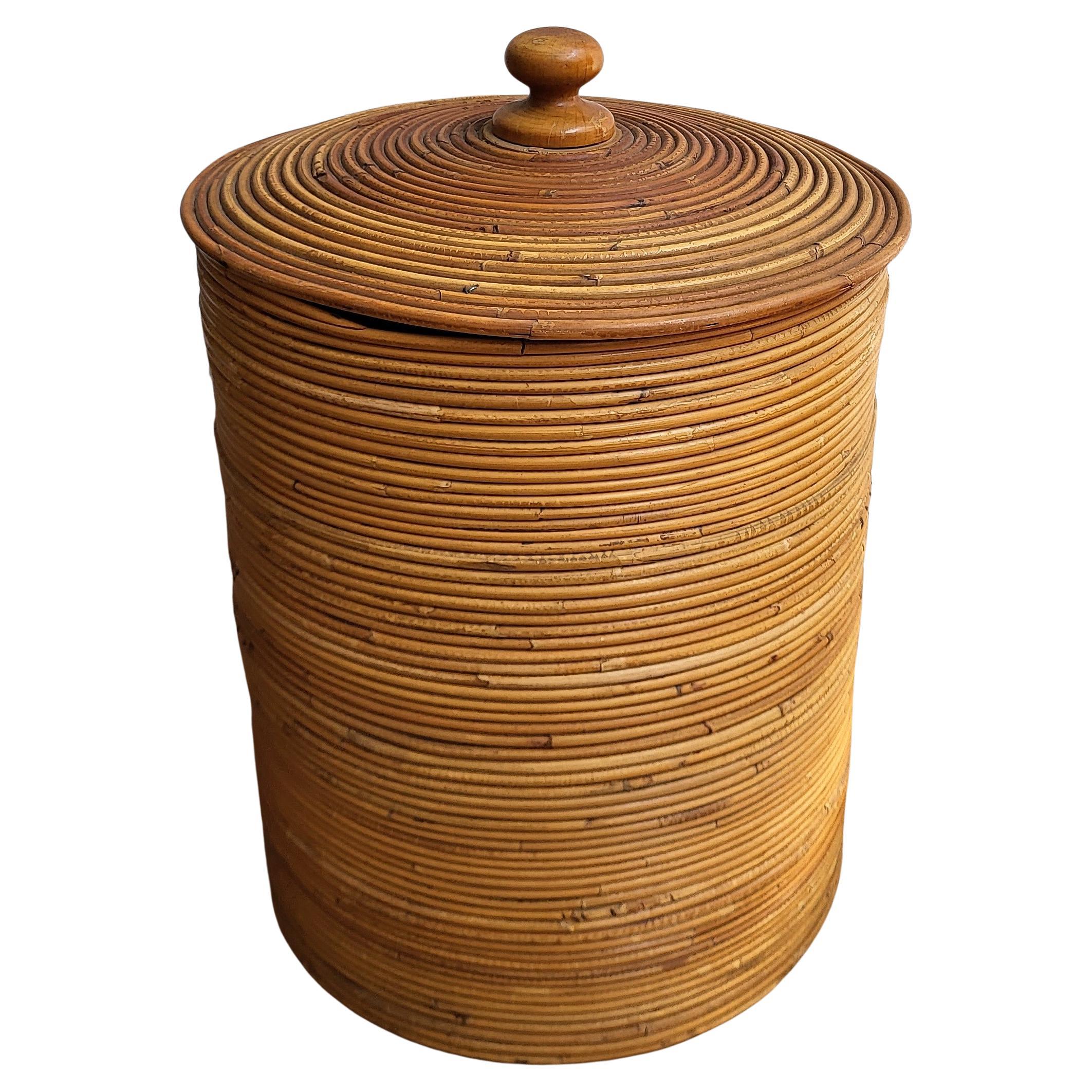 1960s Italian Designer Bamboo Rattan Bohemian Organic Basket Container For Sale