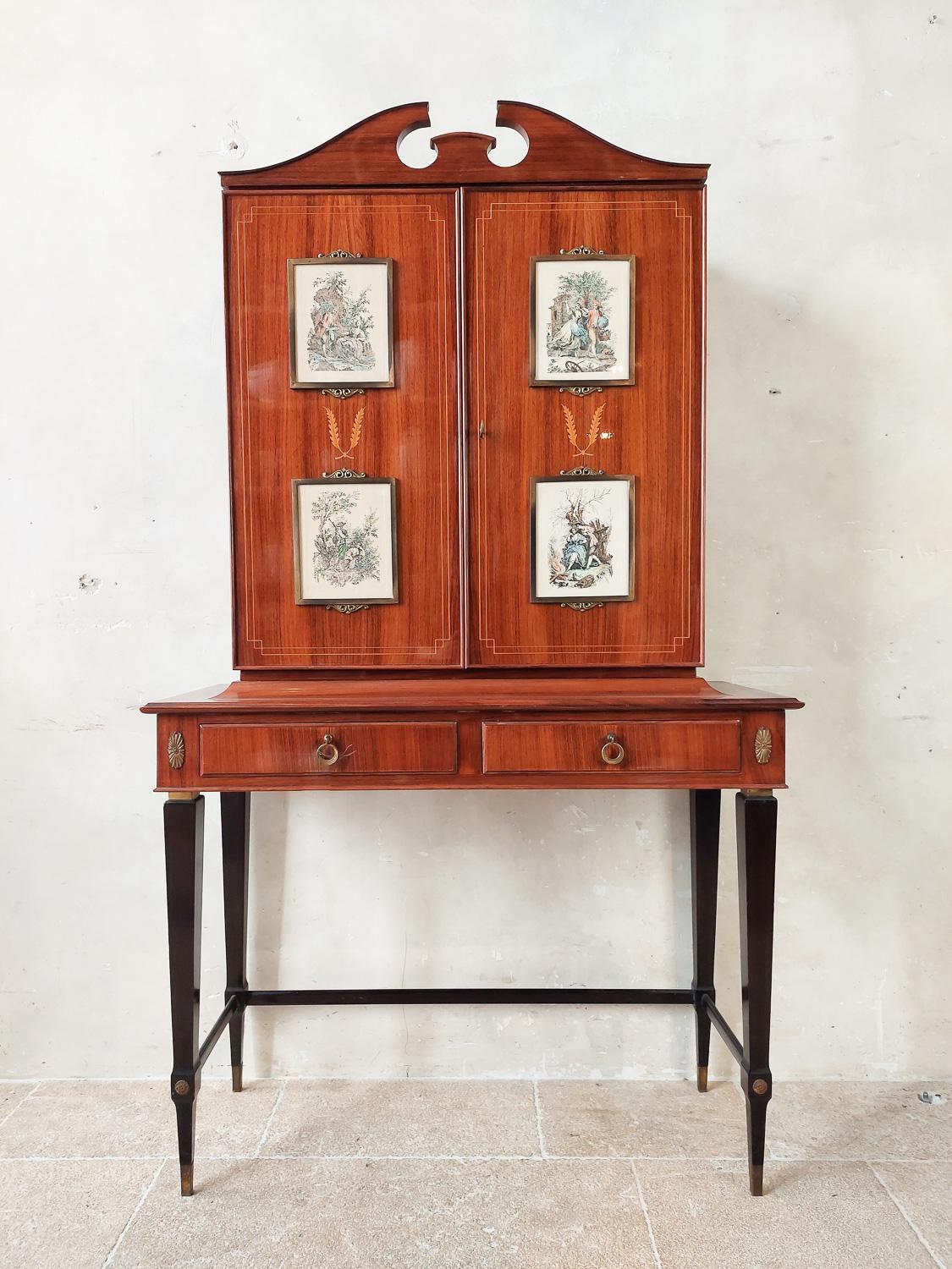 Belle Époque 1960s Italian Designer Drinks Cabinet, Inlaid and Decorated with Etchings For Sale