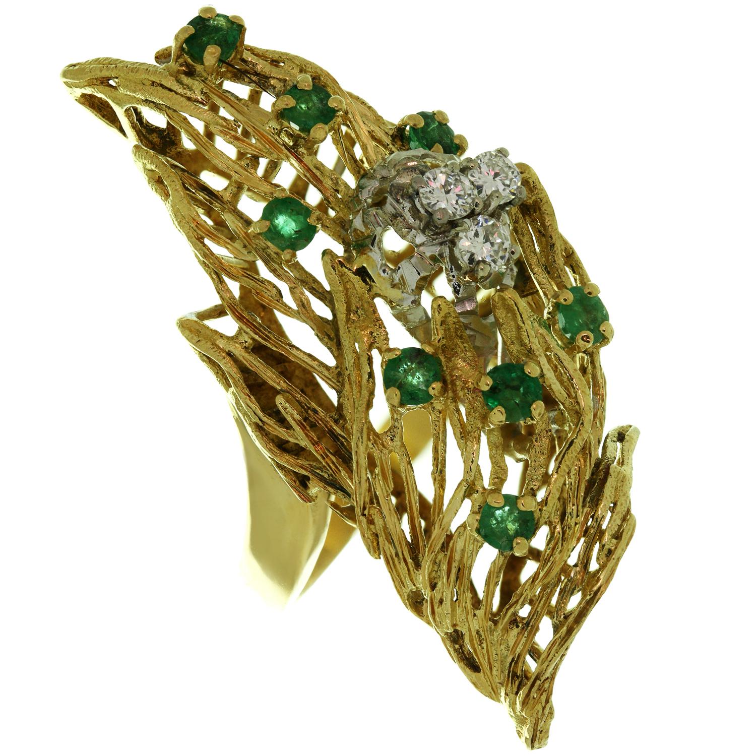 1960s, Italian Diamond Emerald Yellow Gold Ring