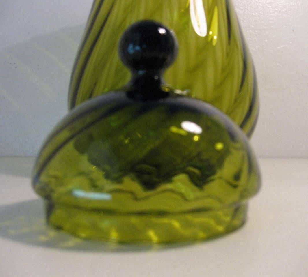 Mid-Century Modern 1960s Italian Empoli Glass Olive Green Optic Apothecary Jar For Sale