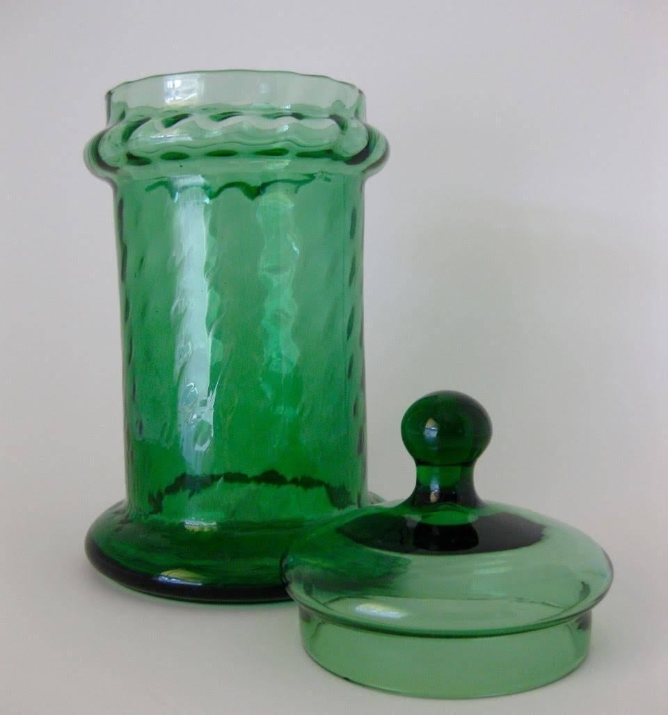 1960s green optic art glass lidded jar/apothecary by Empoli, Italy.