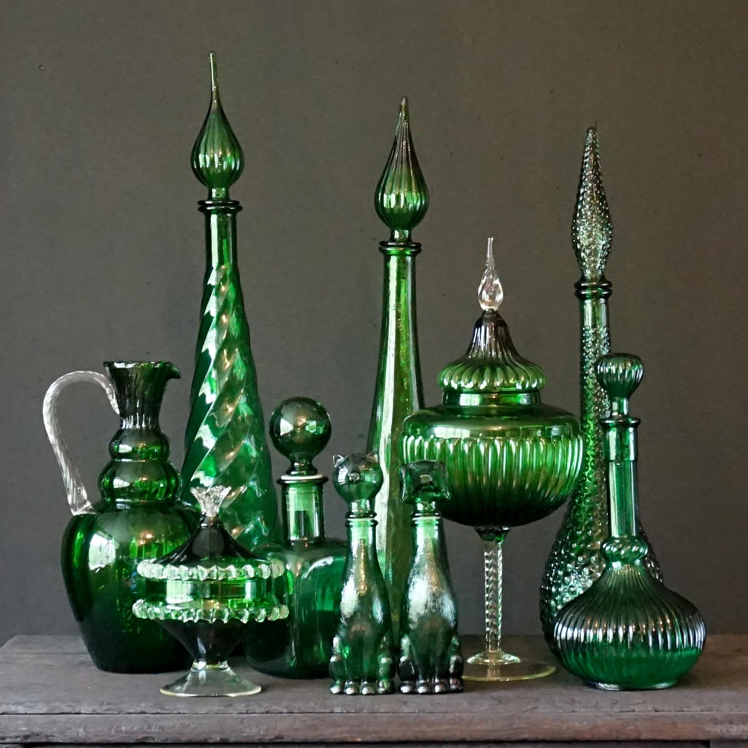 1960s Italian Empoli MCM Green Glass Decanters Genie Bottles and Apothecary Jars For Sale 4