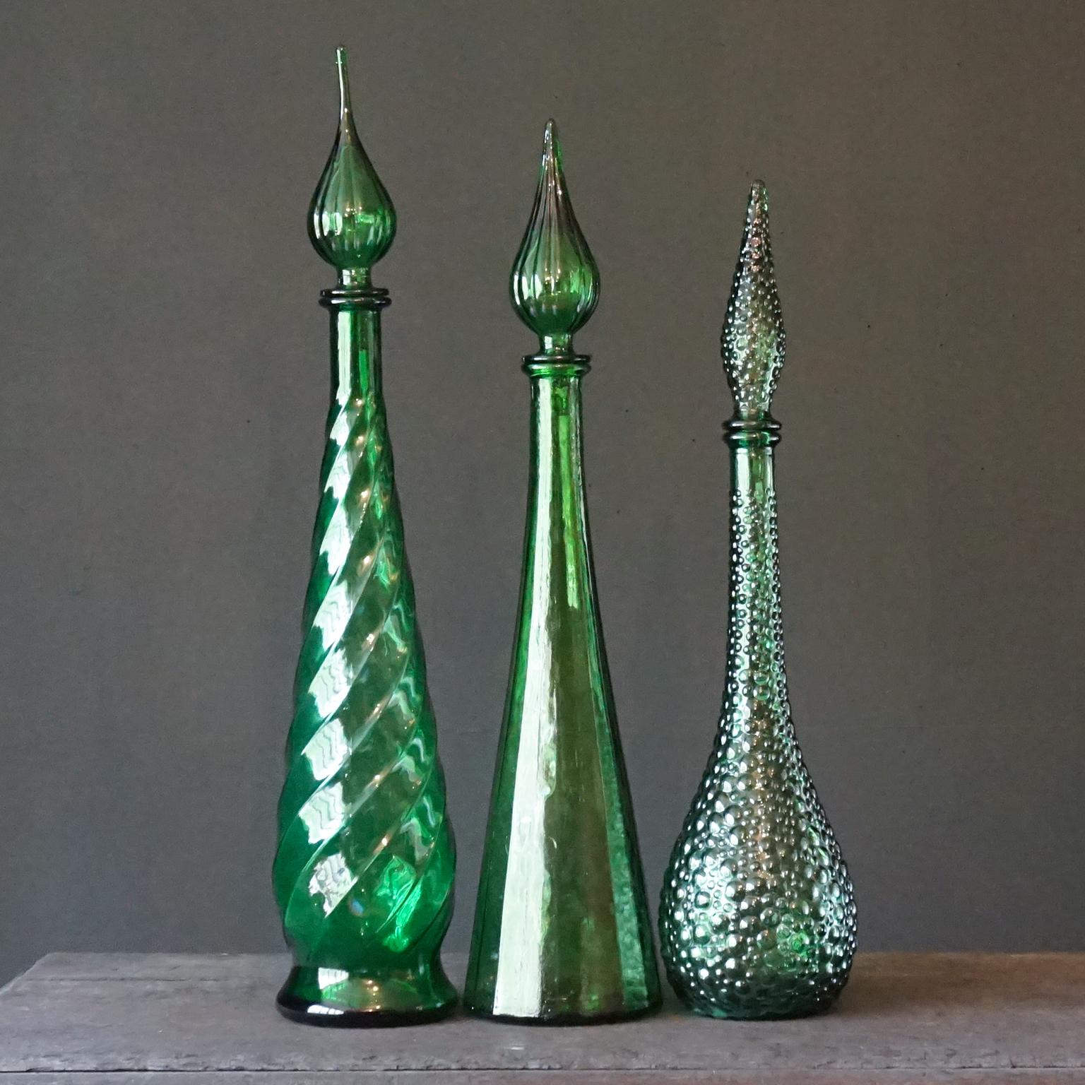 1960s Italian Empoli MCM Green Glass Decanters Genie Bottles and Apothecary Jars For Sale 5