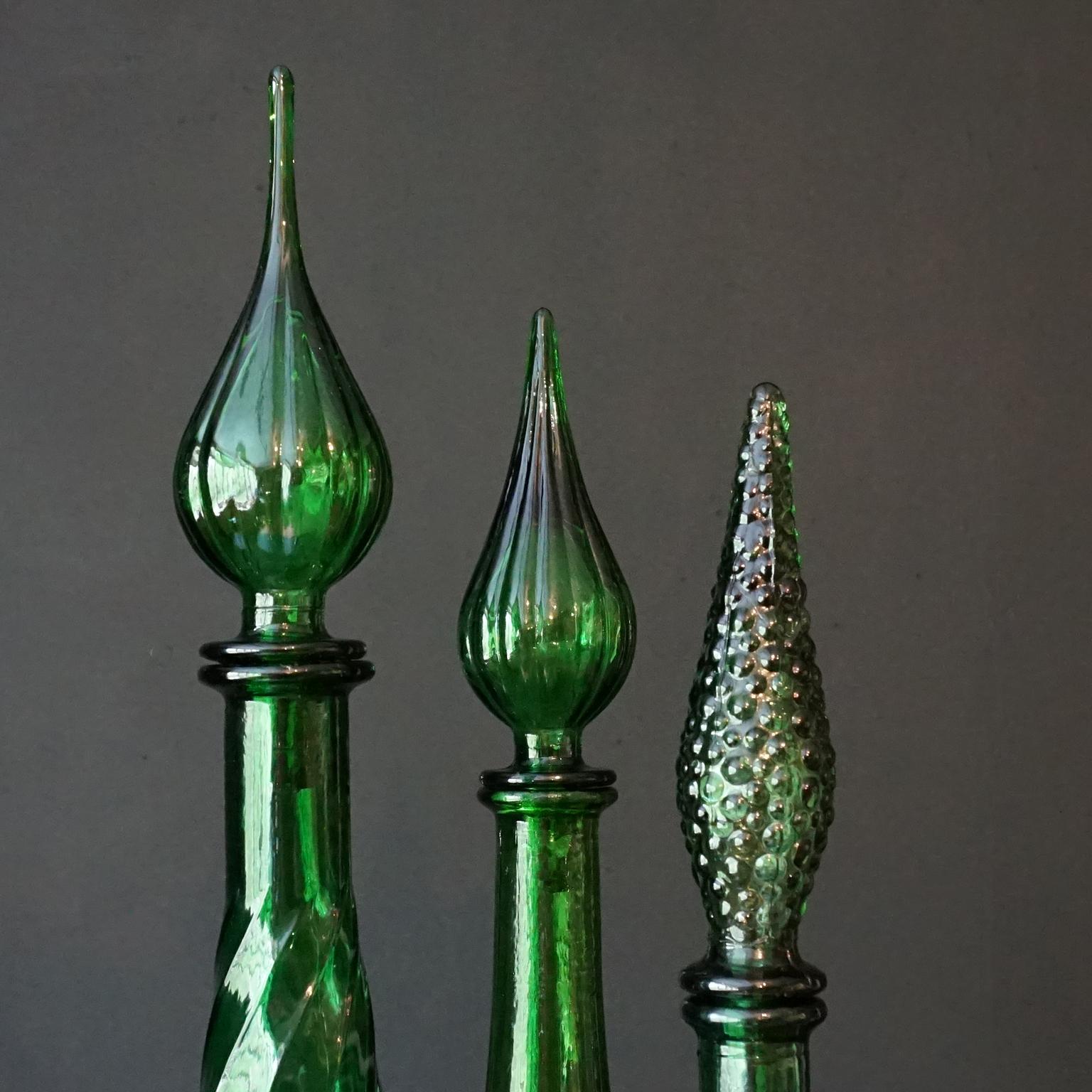 1960s Italian Empoli MCM Green Glass Decanters Genie Bottles and Apothecary Jars For Sale 6