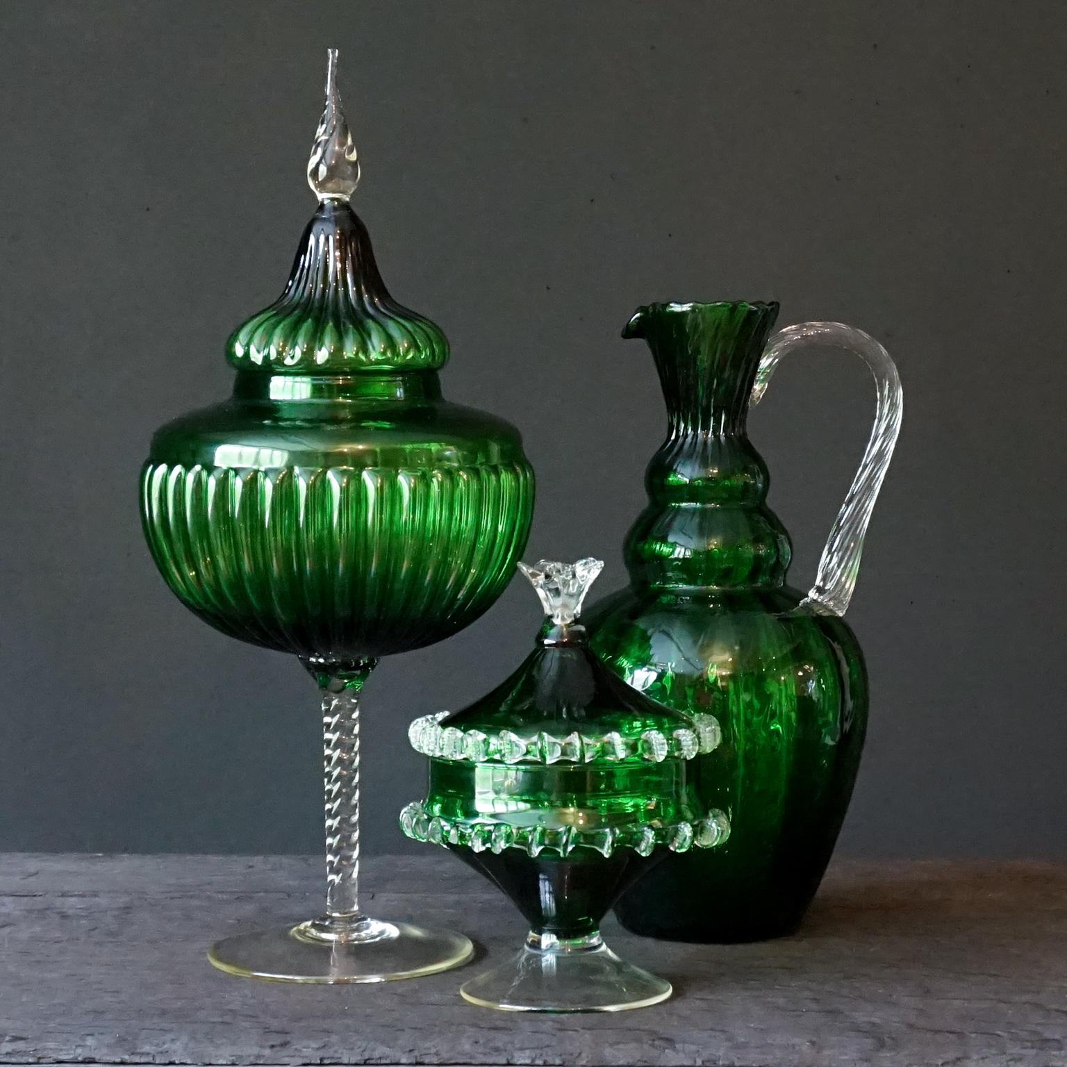 Mid-Century Modern 1960s Italian Empoli MCM Green Glass Decanters Genie Bottles and Apothecary Jars For Sale