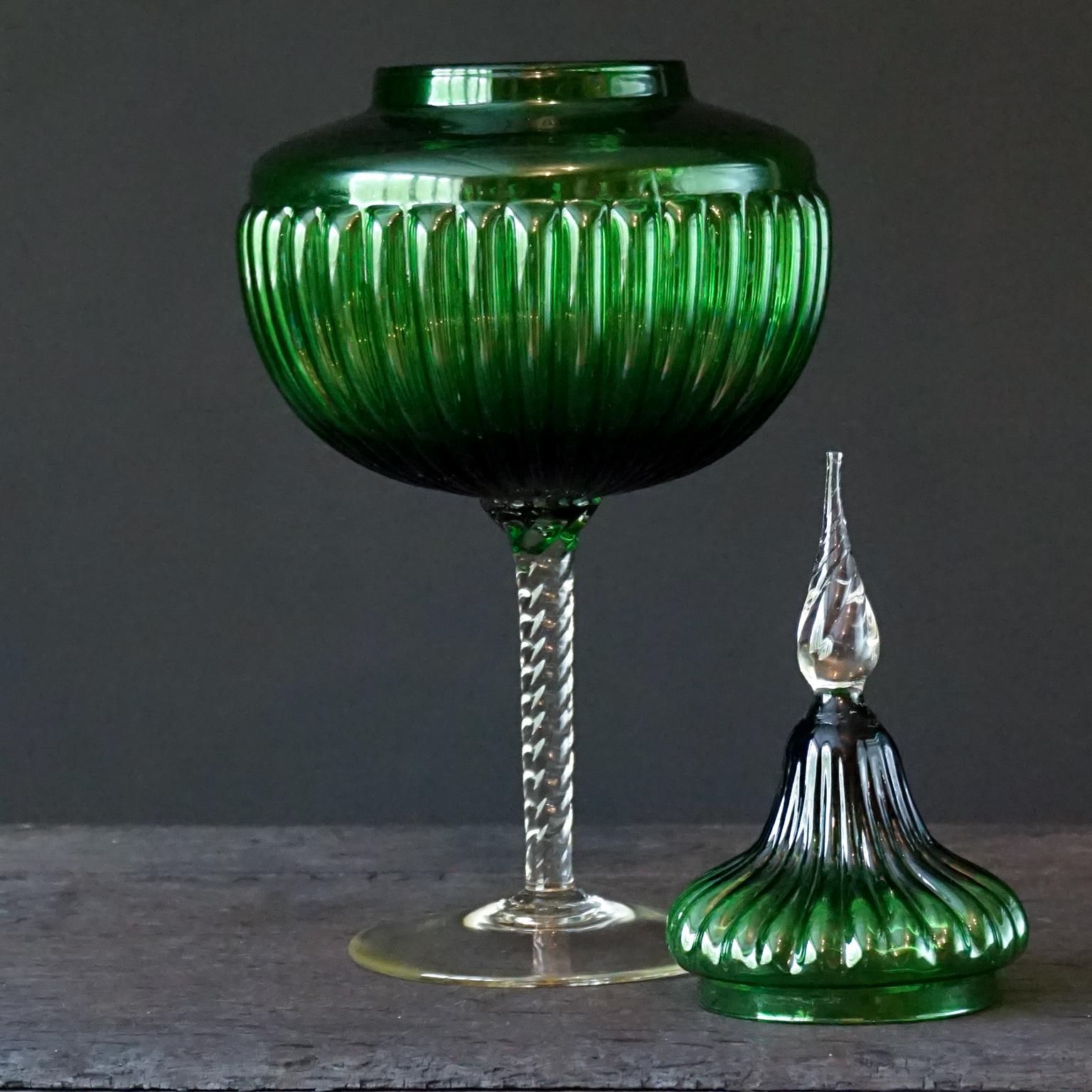 Pressed 1960s Italian Empoli MCM Green Glass Decanters Genie Bottles and Apothecary Jars For Sale
