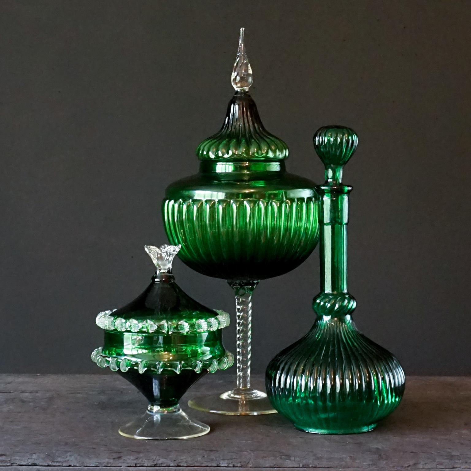 Mid-Century Modern 1960s Italian Empoli MCM Green Glass Decanters Genie Bottles and Apothecary Jars