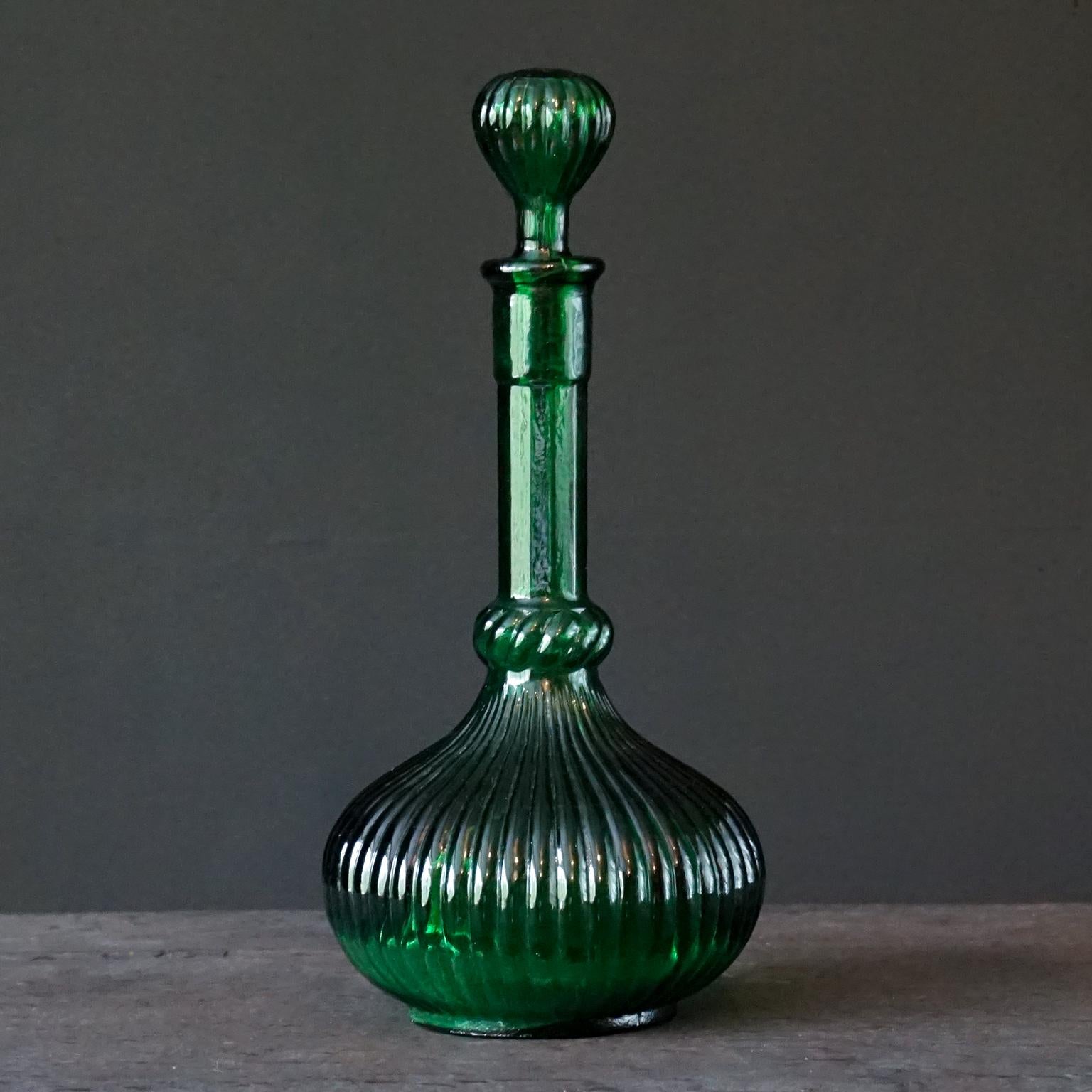 20th Century 1960s Italian Empoli MCM Green Glass Decanters Genie Bottles and Apothecary Jars For Sale