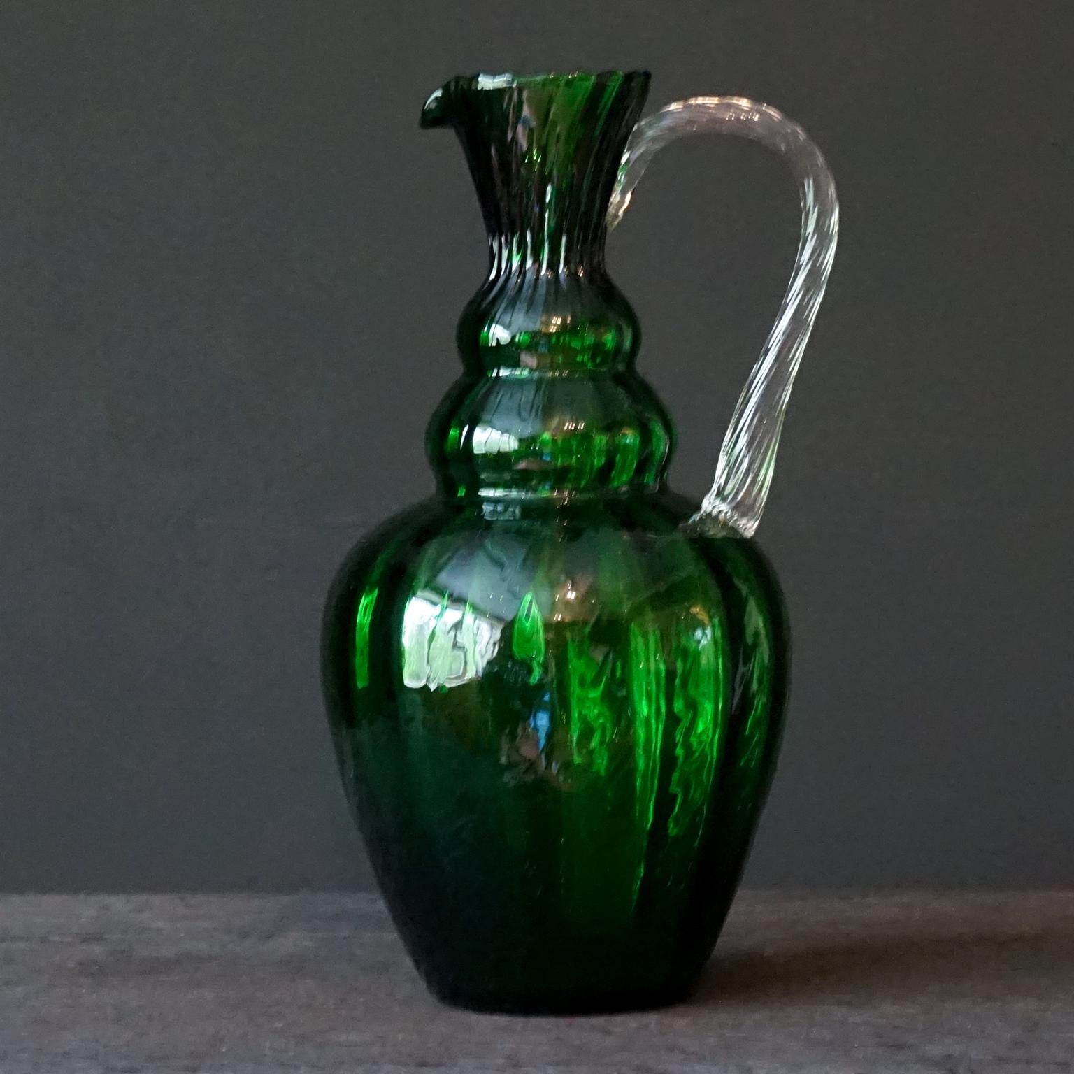 1960s Italian Empoli MCM Green Glass Decanters Genie Bottles and Apothecary Jars For Sale 1