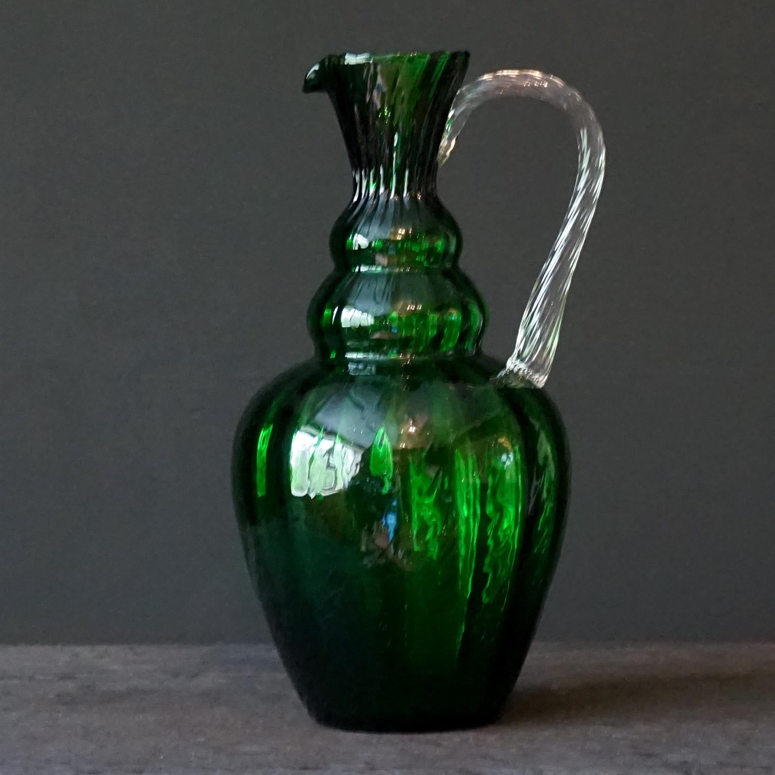 1960s Italian Empoli MCM Green Glass Decanters Genie Bottles and Apothecary Jars In Good Condition In Haarlem, NL