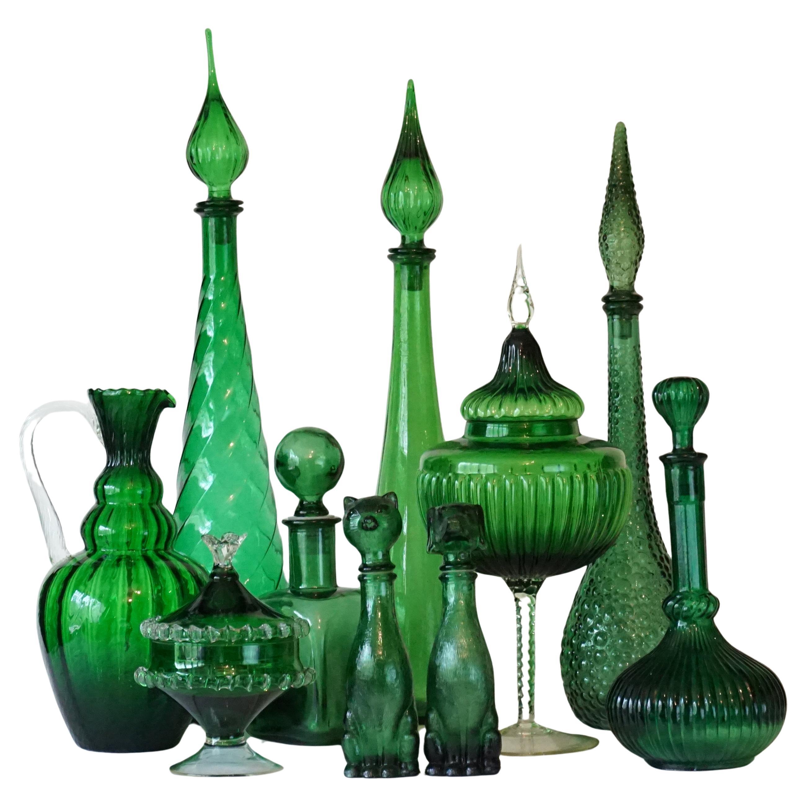1960s Italian Empoli MCM Green Glass Decanters Genie Bottles and Apothecary Jars For Sale