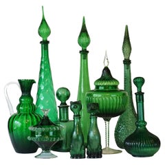 Antique 1960s Italian Empoli MCM Green Glass Decanters Genie Bottles and Apothecary Jars