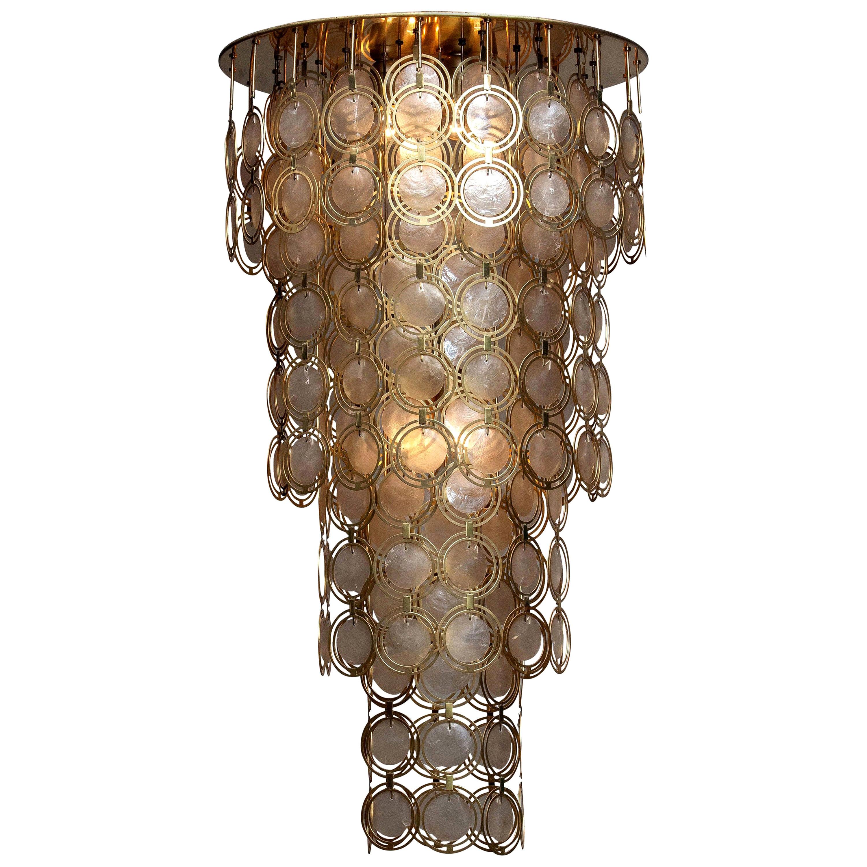 1960s, Italian Extra Large Brass and Shell Chandelier 'Mother of Pearl'