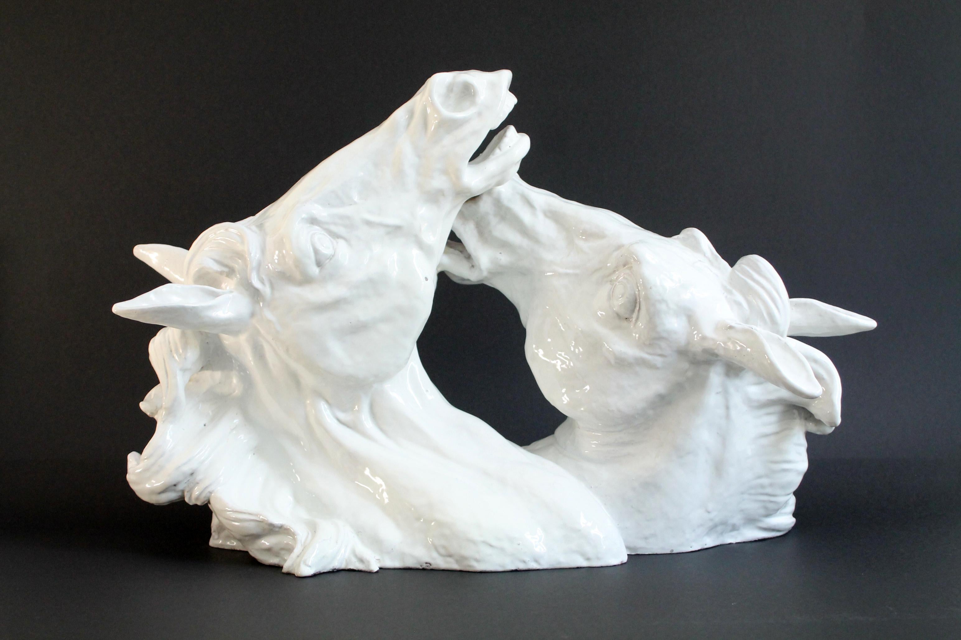 Description
Hand made 1960's original Faience Hollywood Regency terracotta horse heads, dramatic sculpture: 
