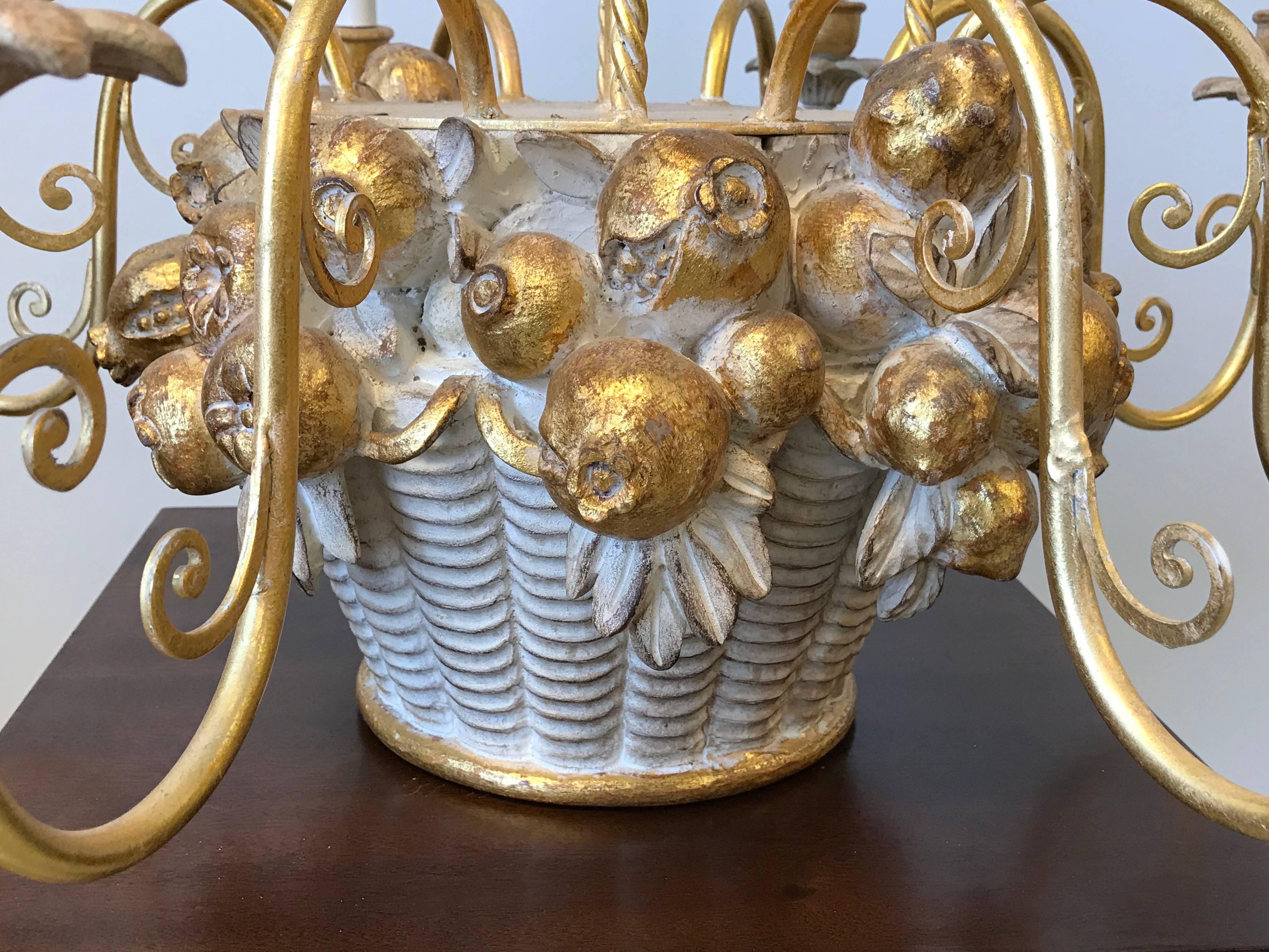 Giltwood 1960s Italian Florentine Fruit Basket Eight-Arm Chandelier