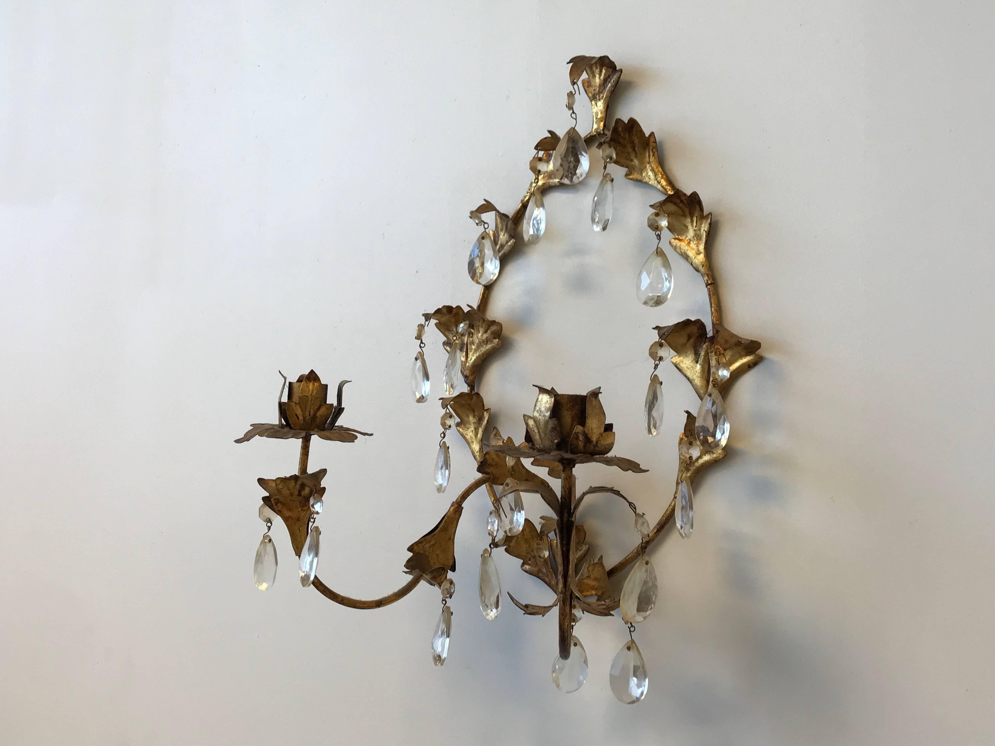 Gilt 1960s Italian Florentine Gilded and Crystal Candlestick Wall Sconce