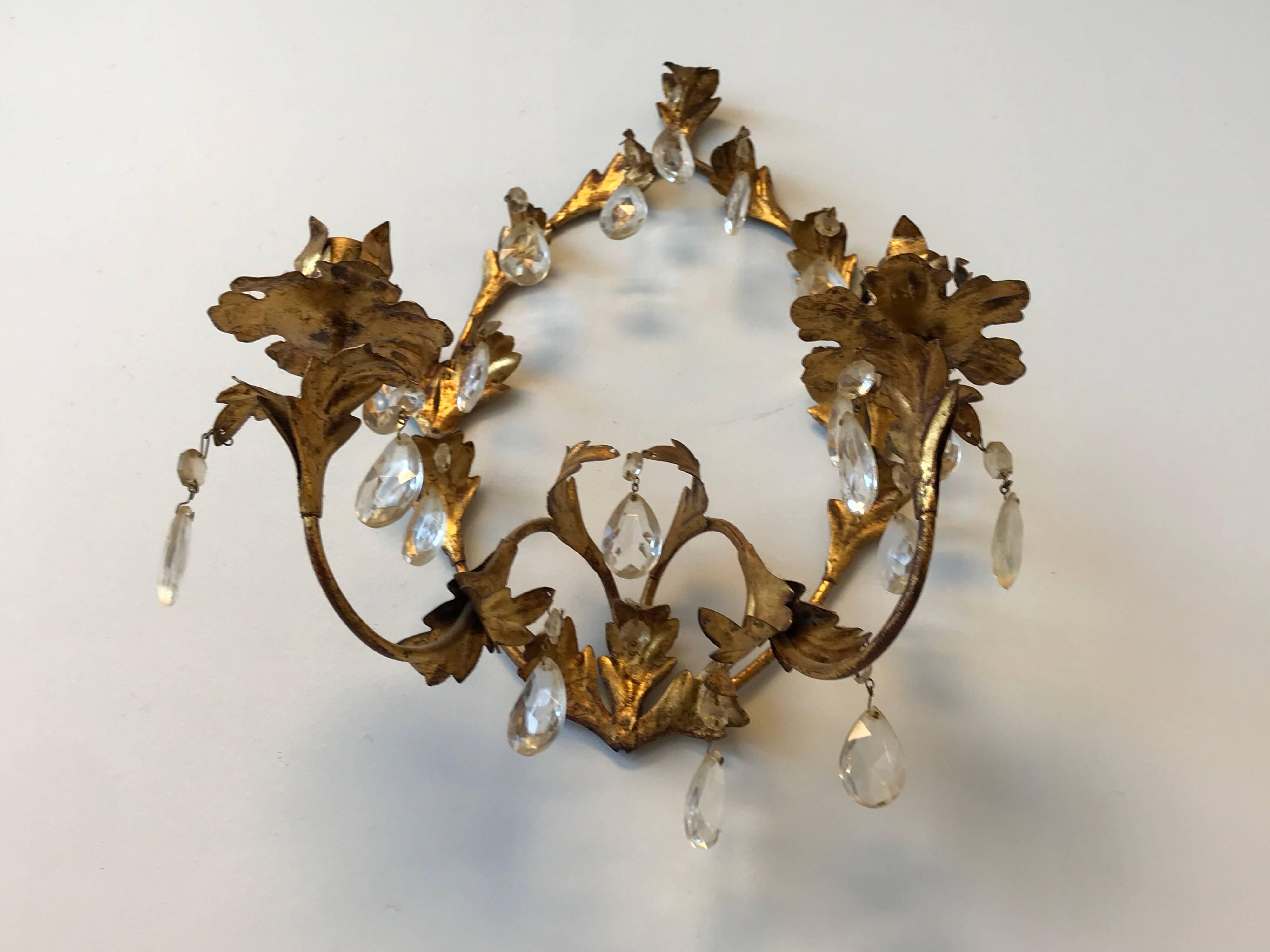 20th Century 1960s Italian Florentine Gilded and Crystal Candlestick Wall Sconce