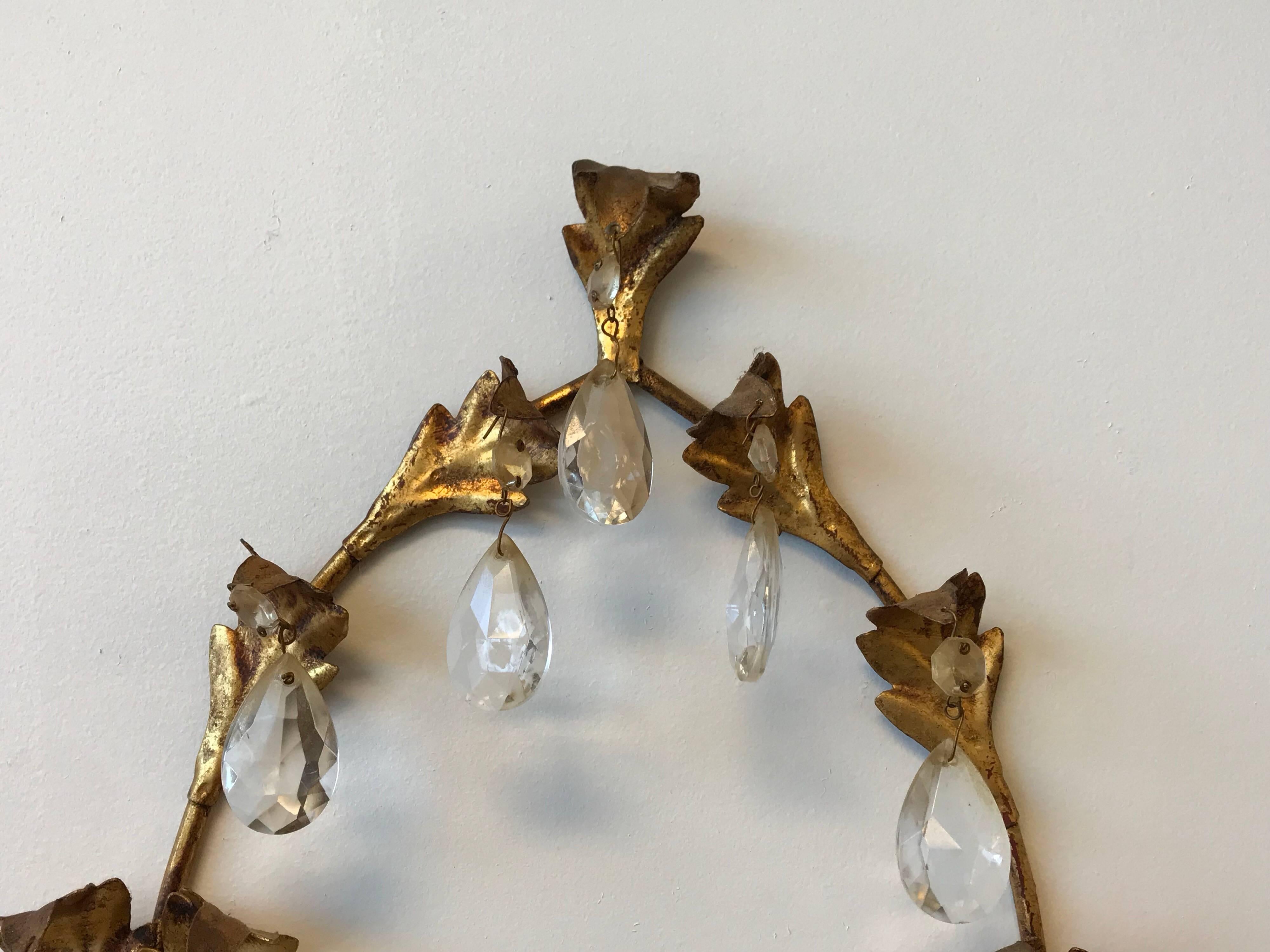 1960s Italian Florentine Gilded and Crystal Candlestick Wall Sconce 2