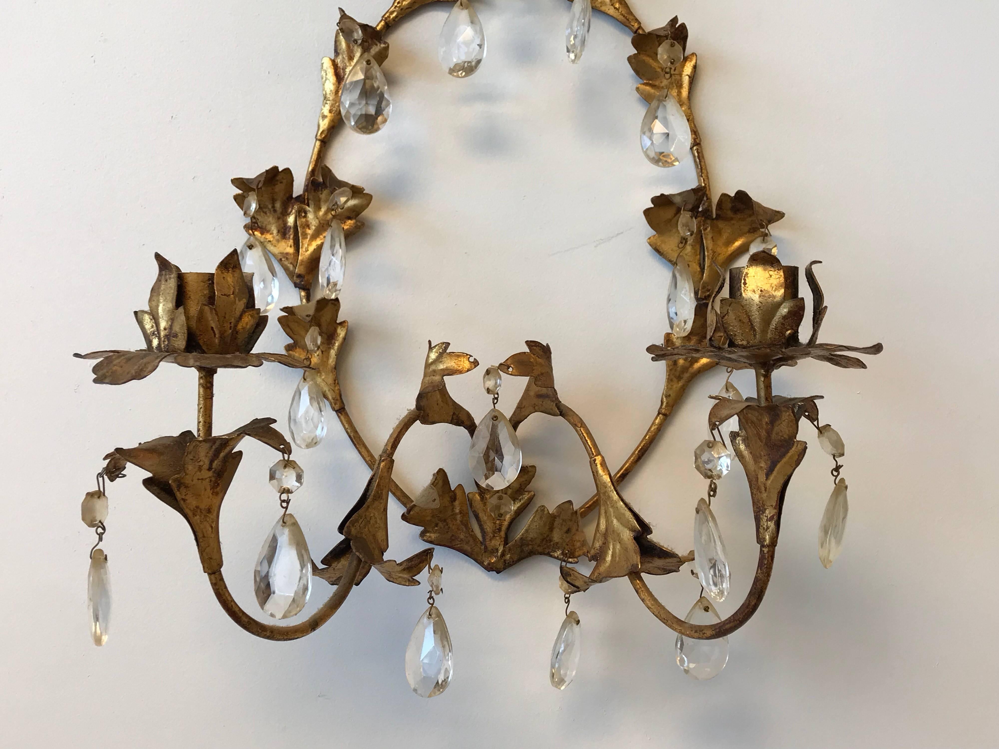 1960s Italian Florentine Gilded and Crystal Candlestick Wall Sconce 3