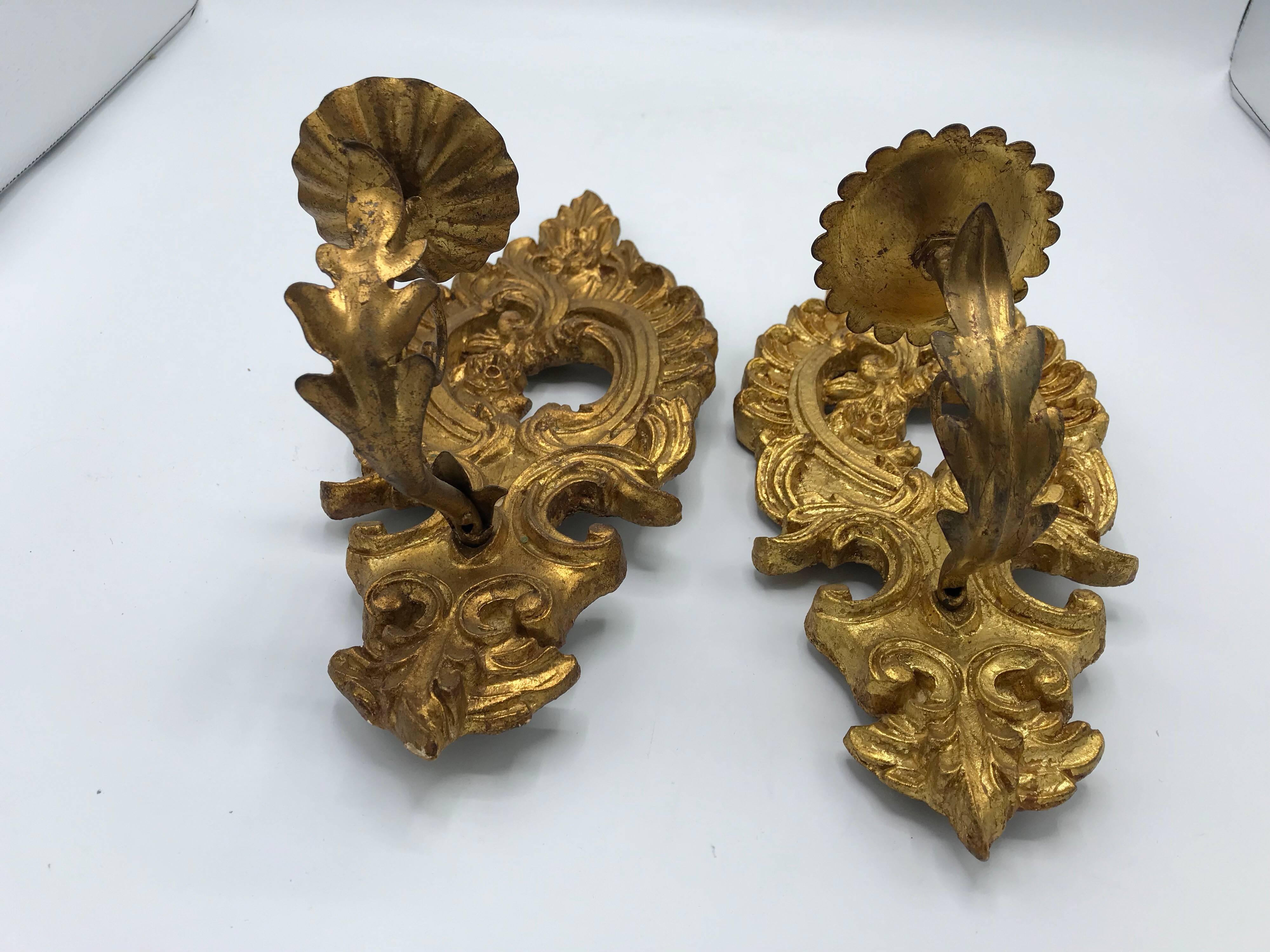 1960s Italian Florentine Gilded Candlestick Wall Sconces, Pair In Excellent Condition In Richmond, VA