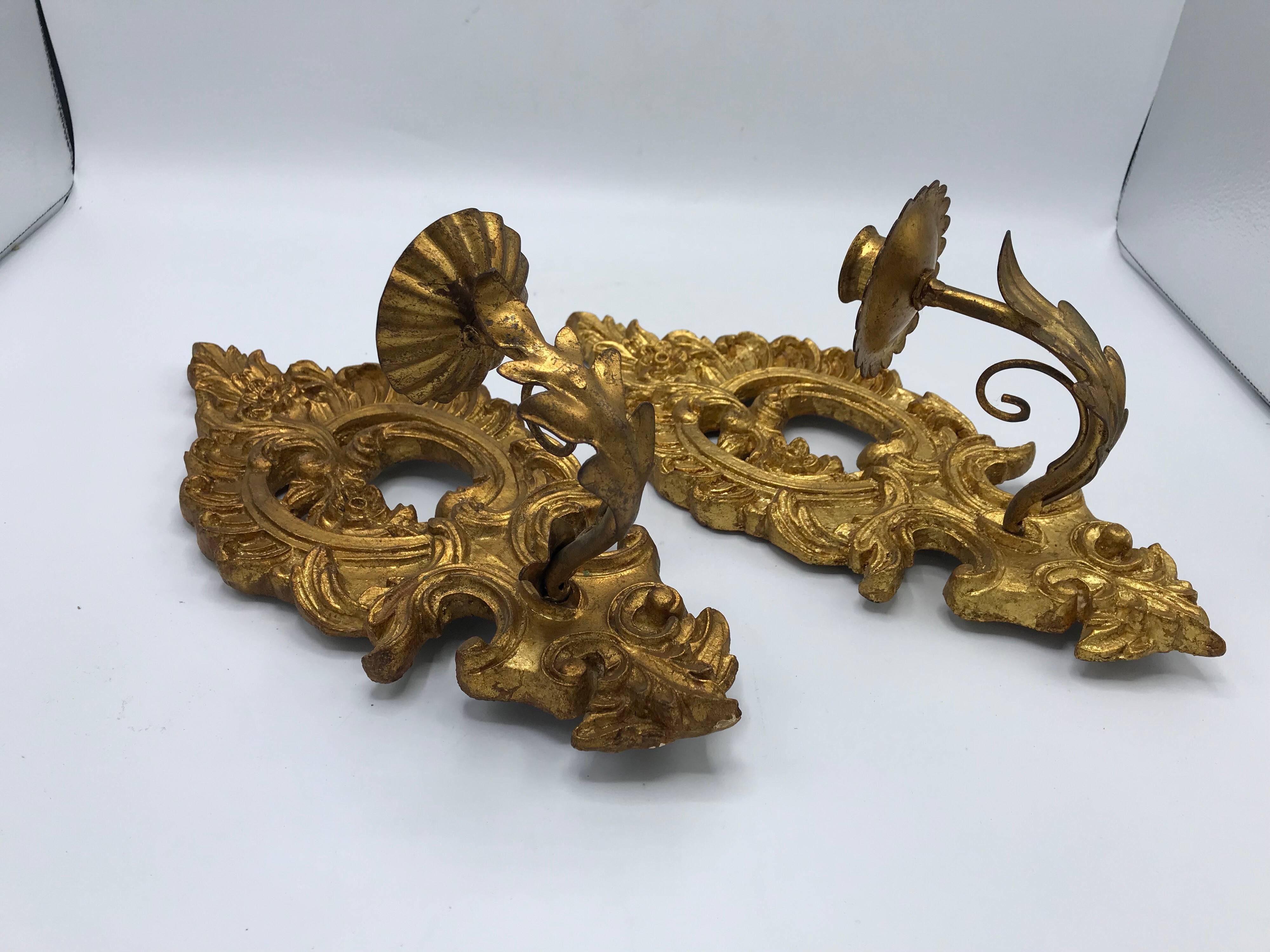 20th Century 1960s Italian Florentine Gilded Candlestick Wall Sconces, Pair