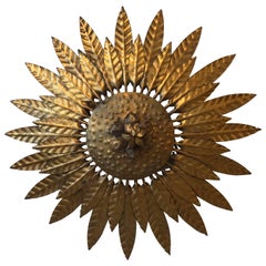 1960s Italian Florentine Gilded Sunburst Wall or Ceiling Lamp