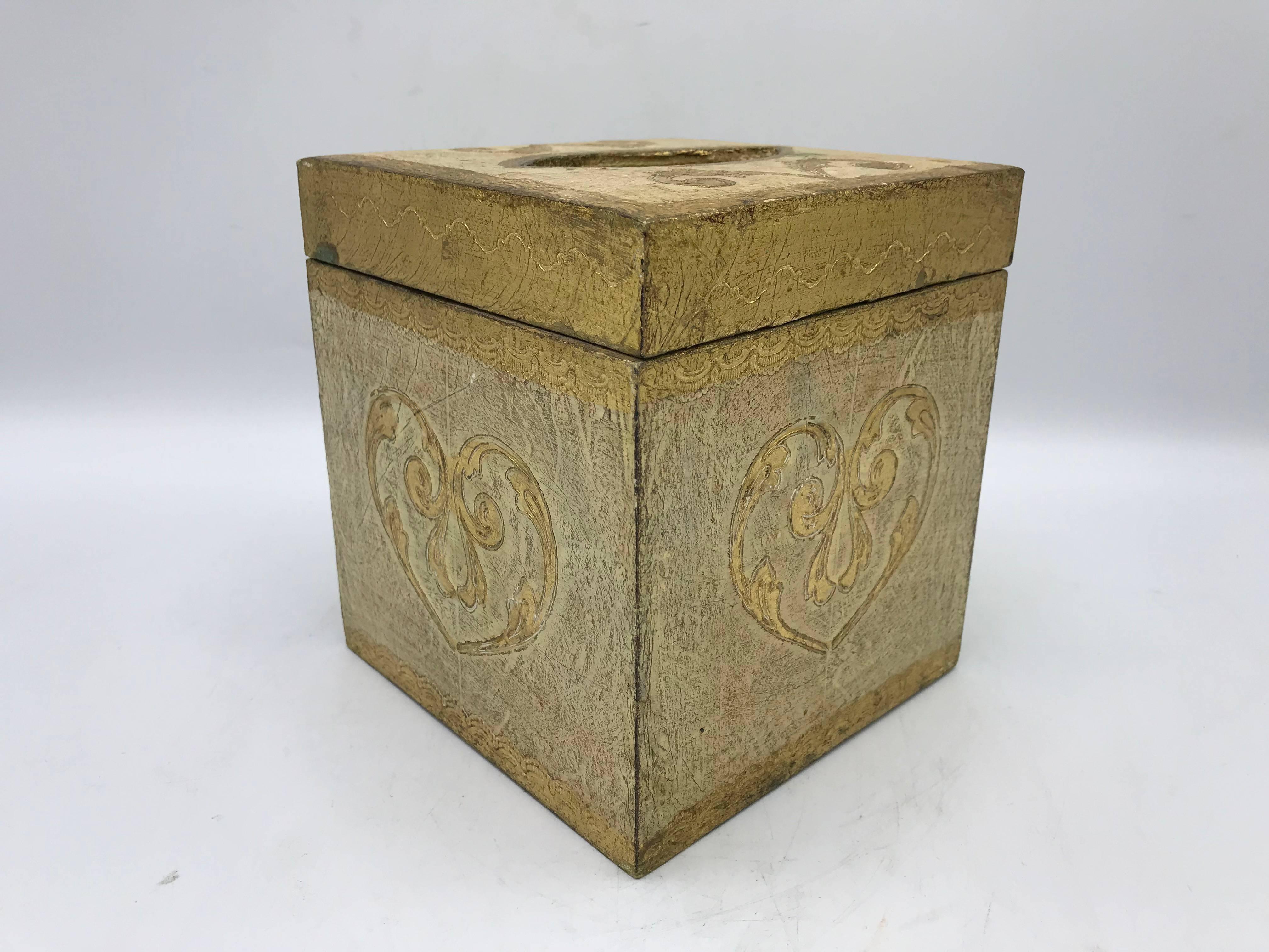 Offered is a beautiful, 1960s Italian Florentine gold and yellow damask motif, tissue box cover.